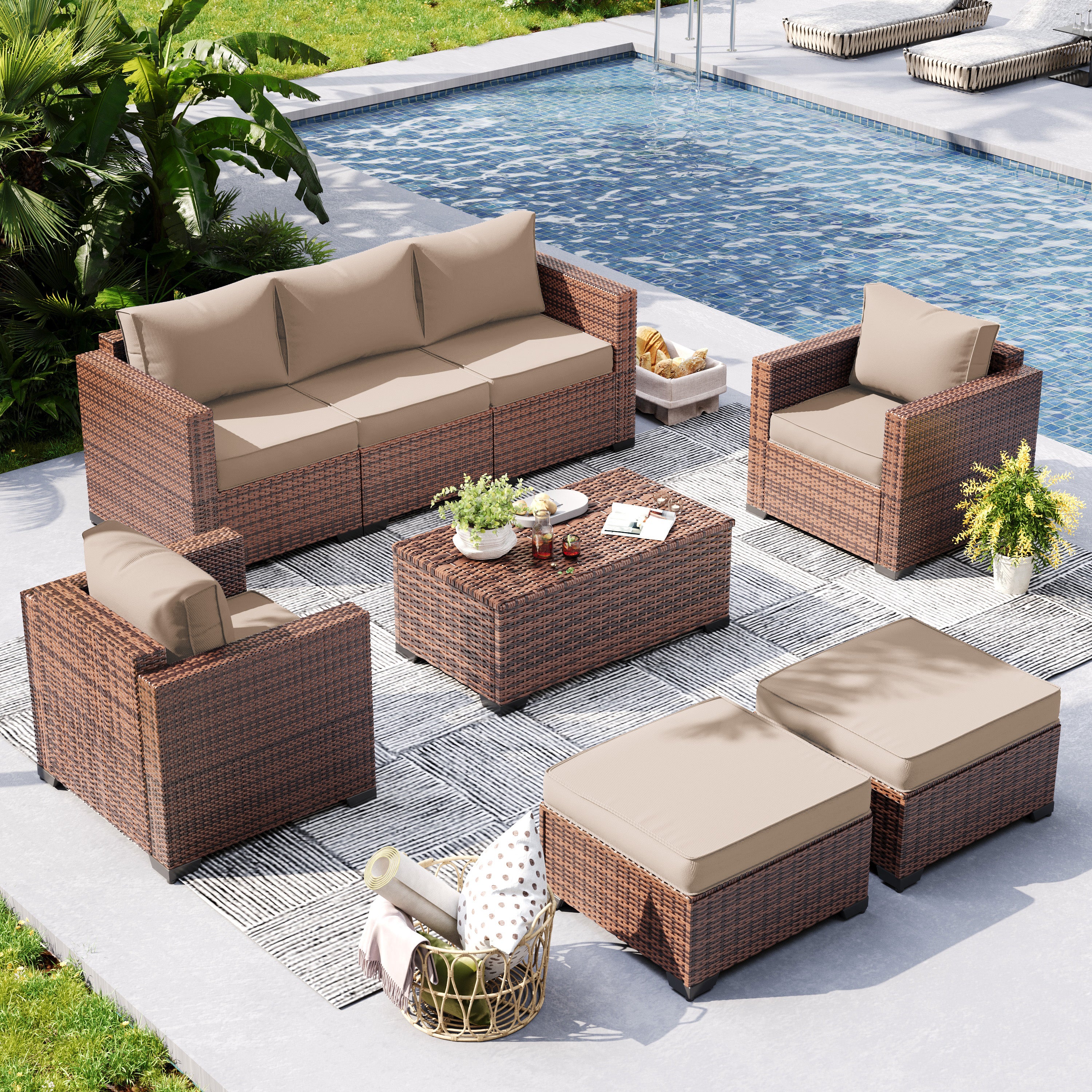 B0CJ6QDVTH Patio Furniture Sets with Ottoman & Storage Table