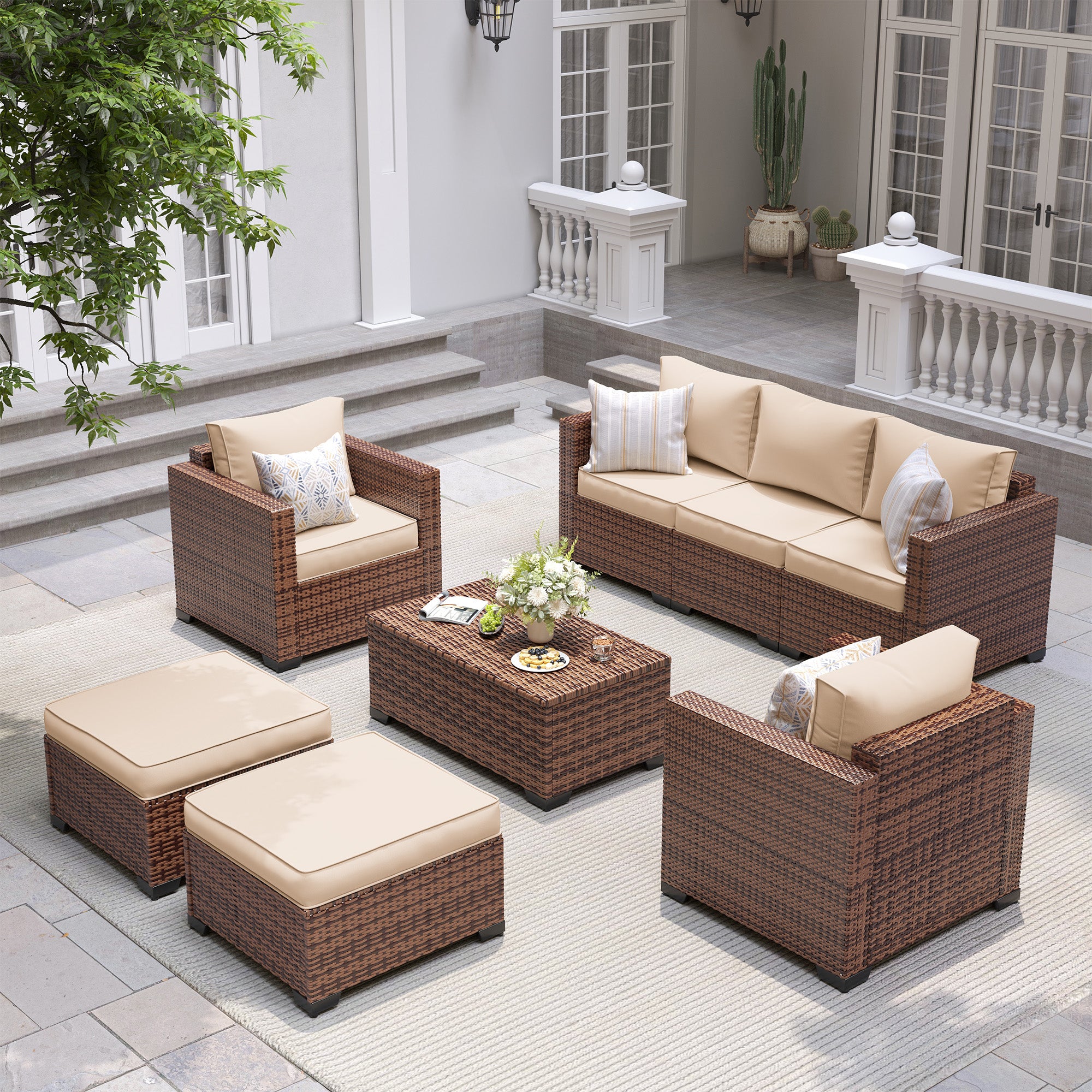 B0CJ6QDVTH Patio Furniture Sets with Ottoman & Storage Table