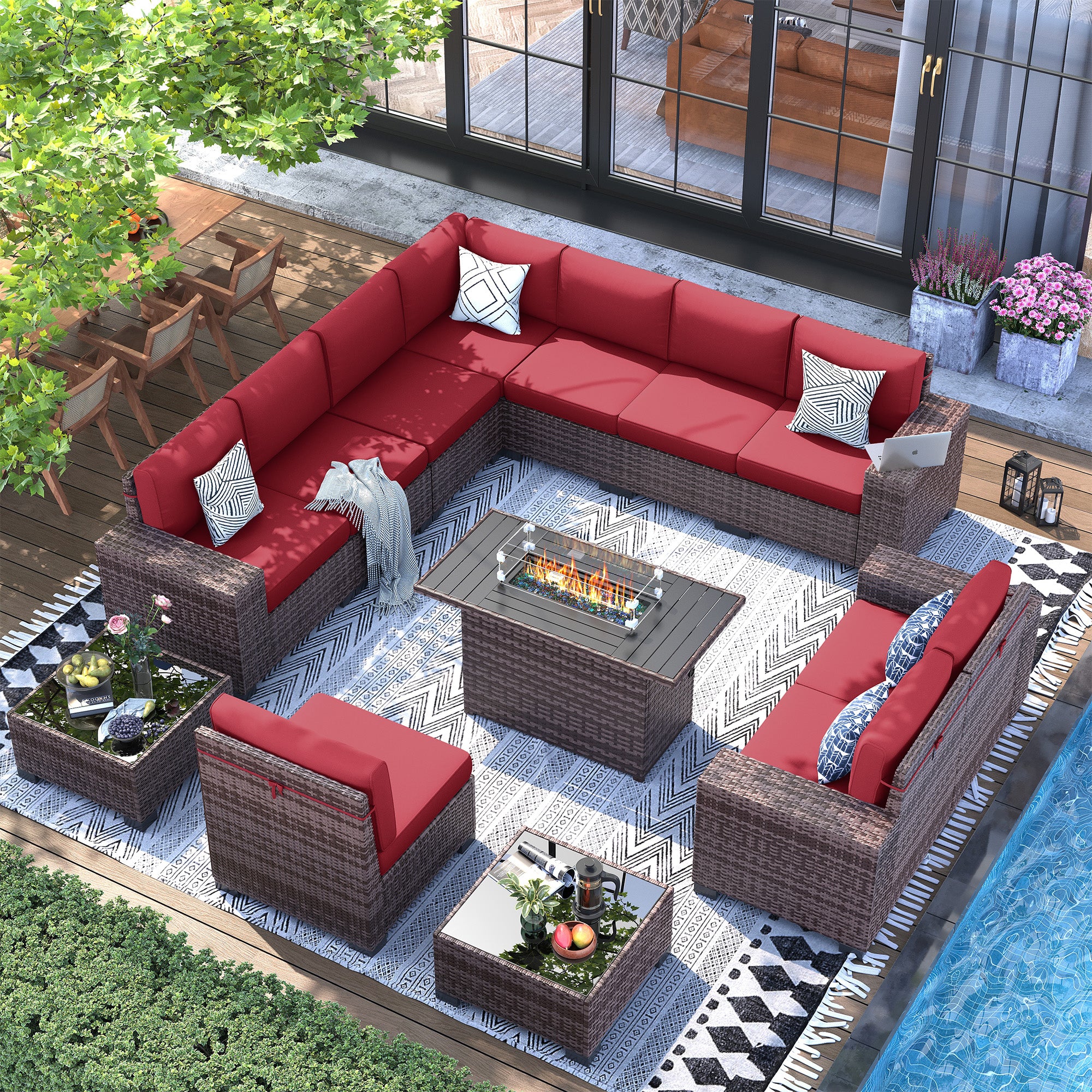 UDPATIO 13 Piece Patio Furniture Set with Fire Pit Table, 8''Wide Armrest Modular Rattan Outdoor Sectional  Sofa Set,Wicker Patio Conversation Sets for Backyard,Deck w/ 4'' Cushions,Cover