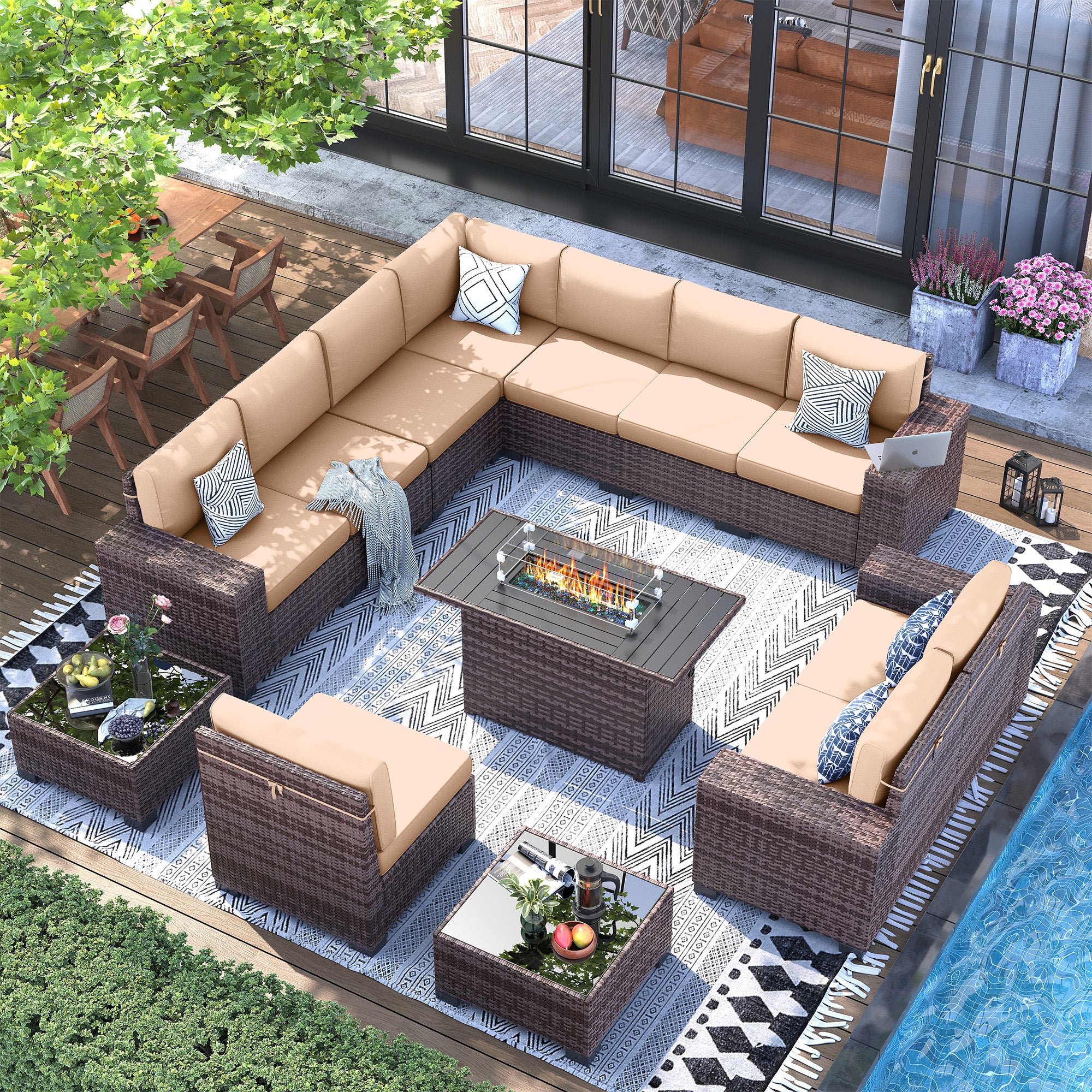 UDPATIO 13 Piece Patio Furniture Set with Fire Pit Table, 8''Wide Armrest Modular Rattan Outdoor Sectional  Sofa Set,Wicker Patio Conversation Sets for Backyard,Deck w/ 4'' Cushions,Cover