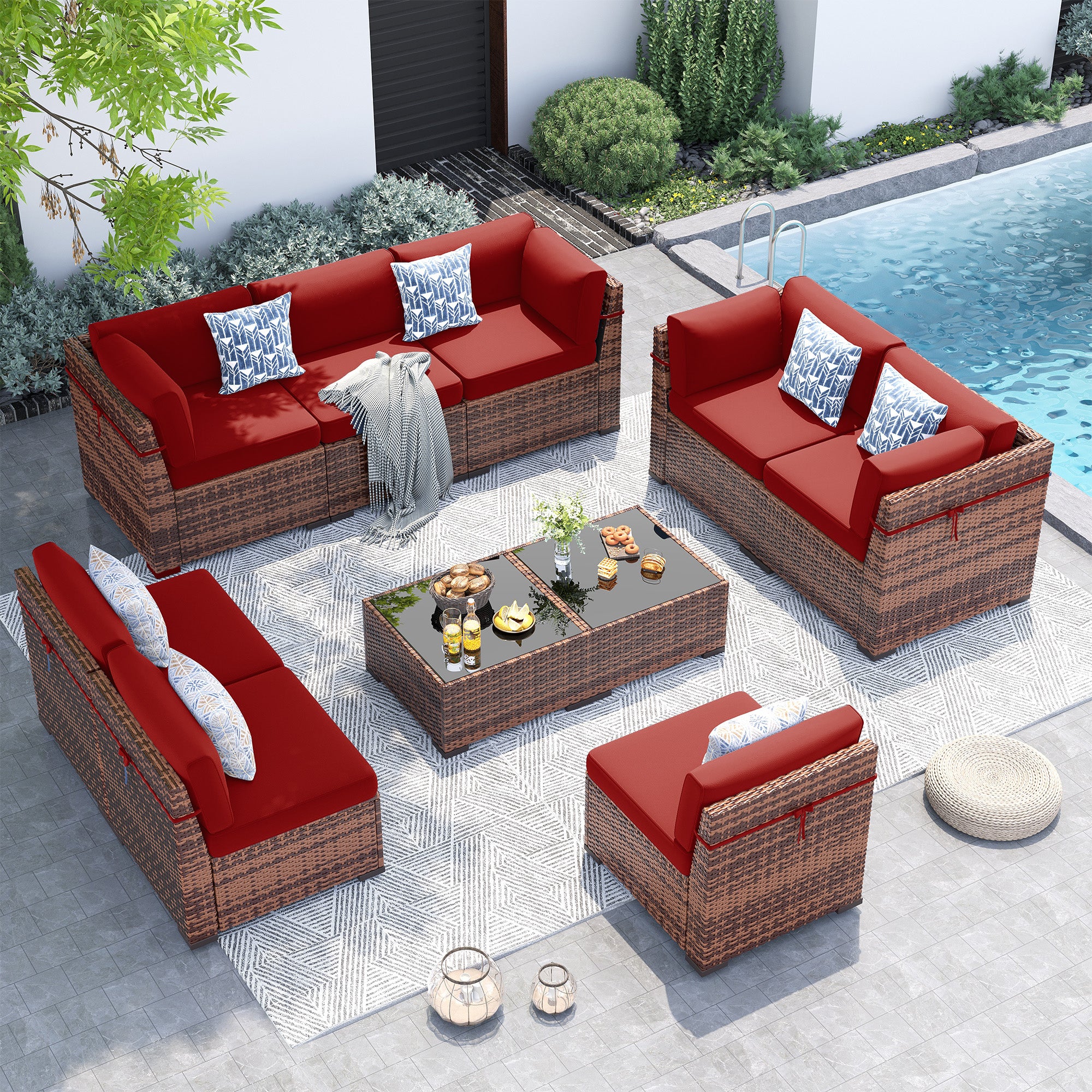 UDPATIO Patio Furniture Set,Modular Outdoor Rattan Sectional Set With Slanted Back, Patio Conversation Set Heavy Duty Wicker Sofa for Backyard, Deck W/Coffee Table,4'' Thick Cushions,Cover,10PCS