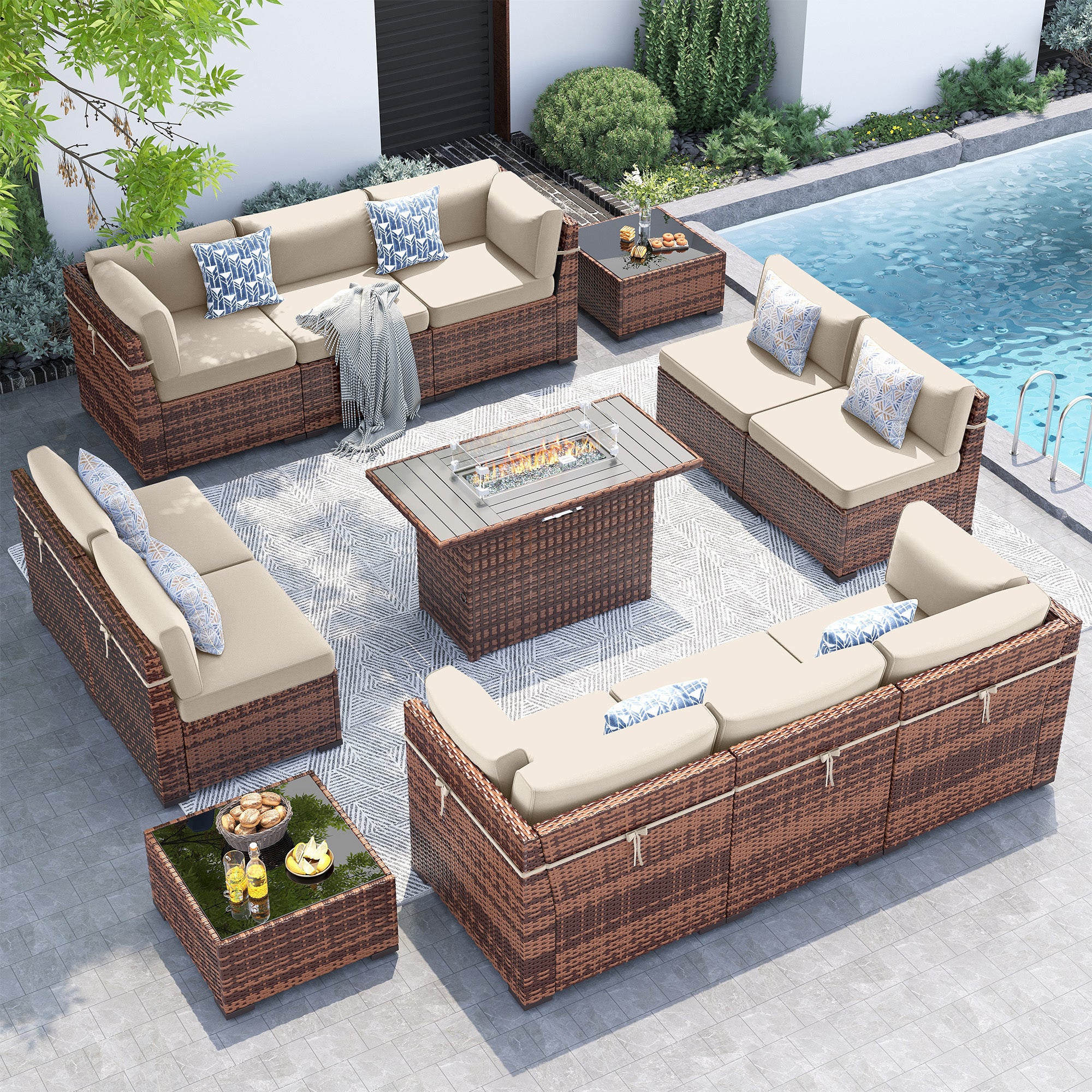 UDPATIO Patio Furniture Set With 44'' Fire Pit Table,Modular Outdoor Furniture Sets,Slanted Back Outdoor Sectional Conversation Set PE Rattan Sofa for Backyard W/Coffee Table,4'' Cushions,13PCS