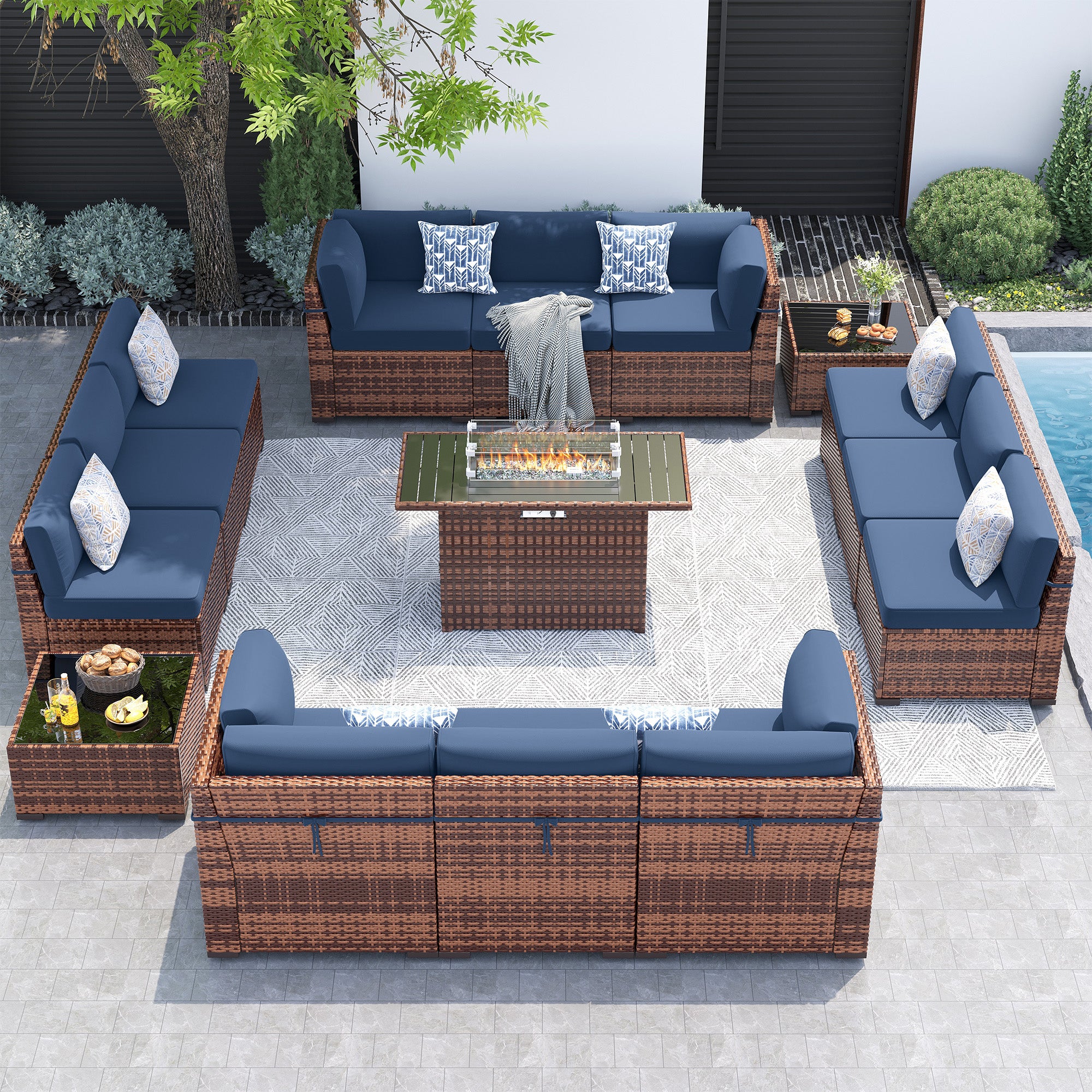 UDPATIO Patio Furniture Set With 44'' Fire Pit Table,Modular Outdoor Furniture Sets,Slanted Back Outdoor Sectional Conversation Set PE Rattan Sofa for Backyard W/Coffee Table,4'' Cushions,15PCS