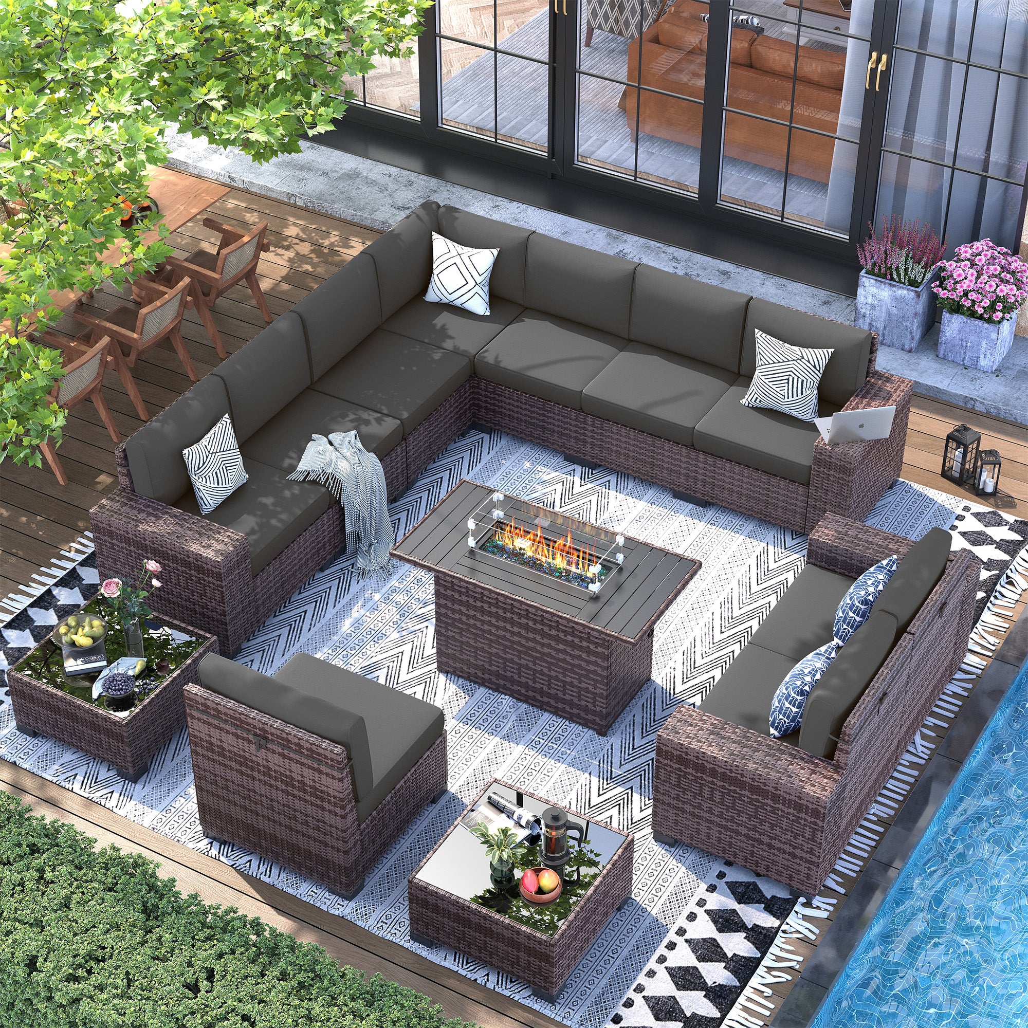 UDPATIO 13 Piece Patio Furniture Set with Fire Pit Table, 8''Wide Armrest Modular Rattan Outdoor Sectional  Sofa Set,Wicker Patio Conversation Sets for Backyard,Deck w/ 4'' Cushions,Cover