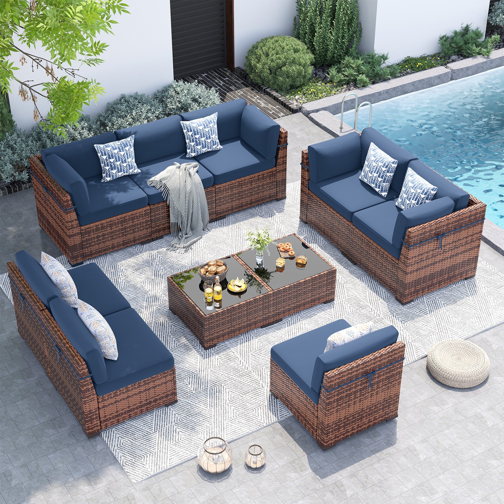 UDPATIO Patio Furniture Set,Modular Outdoor Rattan Sectional Set With Slanted Back, Patio Conversation Set Heavy Duty Wicker Sofa for Backyard, Deck W/Coffee Table,4'' Thick Cushions,Cover,10PCS