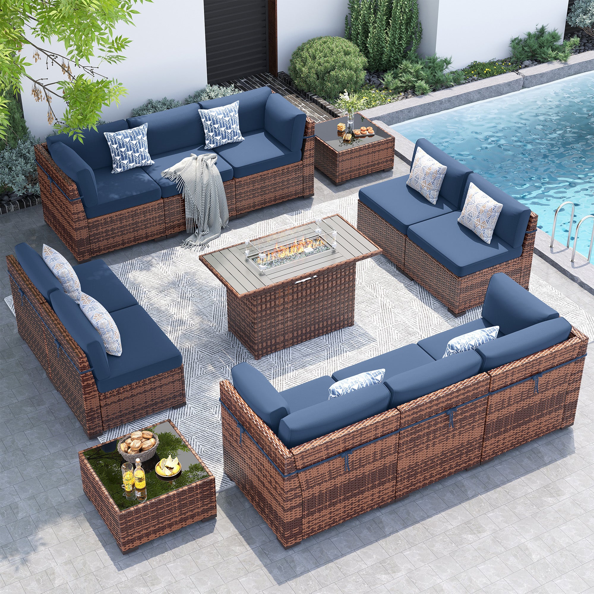 UDPATIO Patio Furniture Set With 44'' Fire Pit Table,Modular Outdoor Furniture Sets,Slanted Back Outdoor Sectional Conversation Set PE Rattan Sofa for Backyard W/Coffee Table,4'' Cushions,13PCS