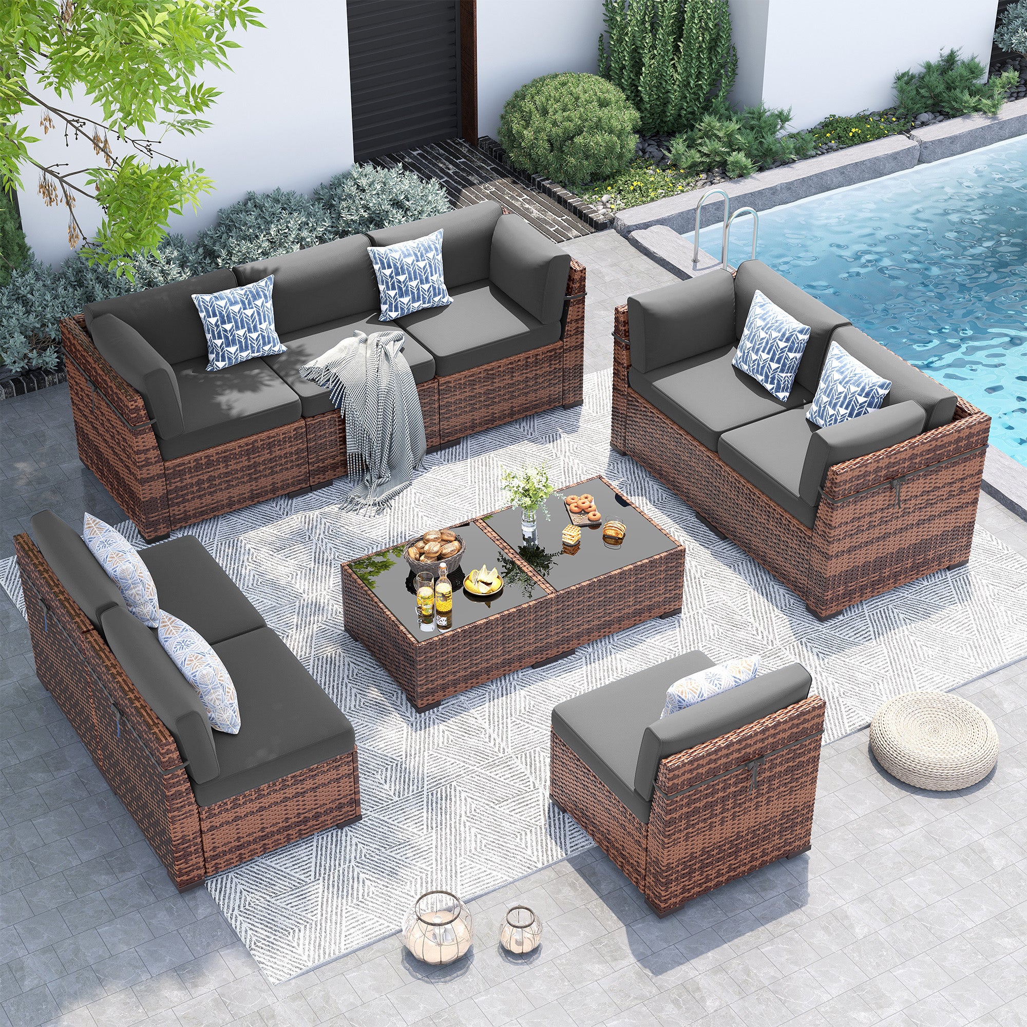 UDPATIO Patio Furniture Set,Modular Outdoor Rattan Sectional Set With Slanted Back, Patio Conversation Set Heavy Duty Wicker Sofa for Backyard, Deck W/Coffee Table,4'' Thick Cushions,Cover,10PCS