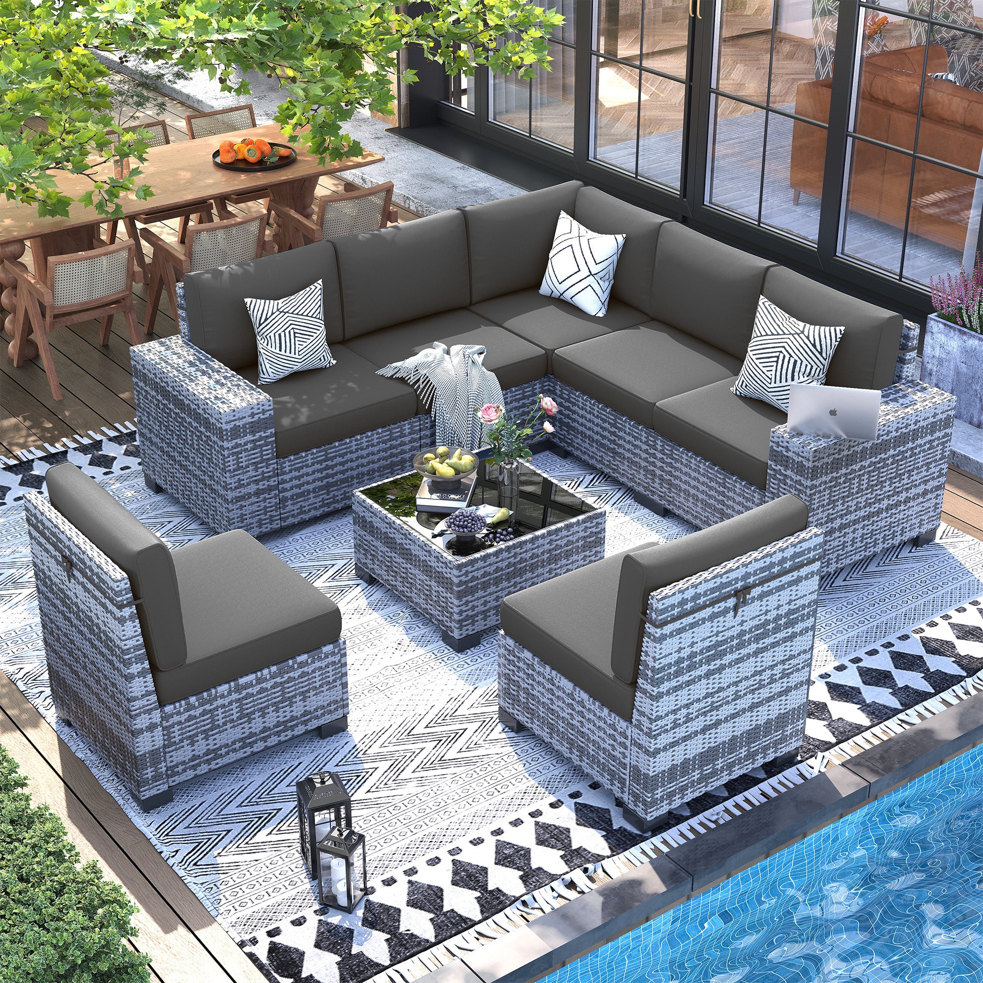 UDPATIO Patio Furniture Set, 8''Wide Armrest Modular Rattan Outdoor Sectional Sofa Set, 8 Pieces Wicker Patio Conversation Sets for Backyard,Deck w/ 4'' Cushions,Cover,Coffee Table(Grey/Grey)