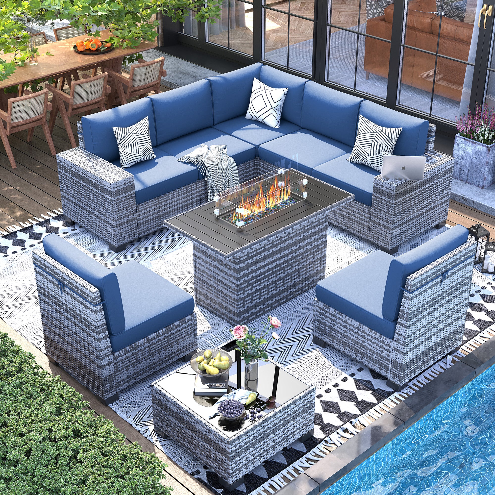 UDPATIO 9 Piece Patio Furniture Set with Fire Pit Table, 8''Wide Armrest Modular Rattan Outdoor Sectional  Sofa Set,Wicker Patio Conversation Sets for Backyard,Deck w/ 4'' Cushions