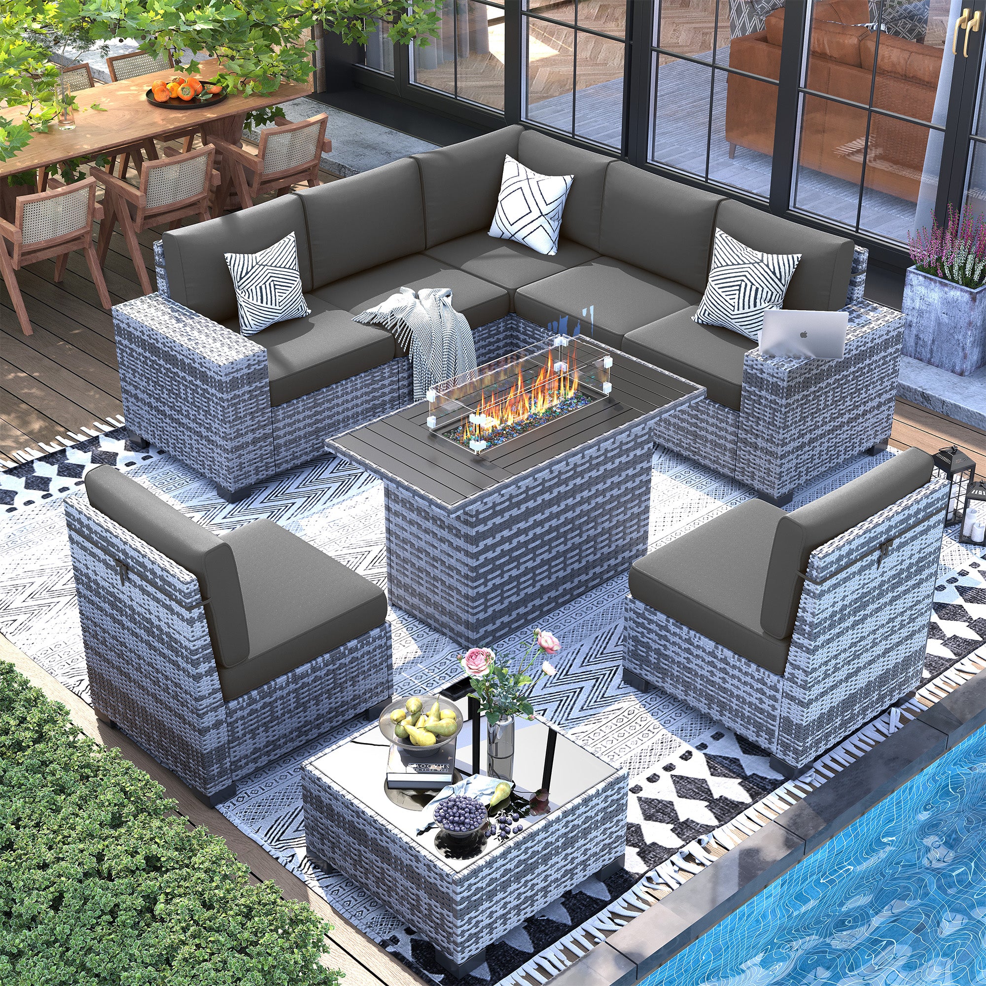 UDPATIO 9 Piece Patio Furniture Set with Fire Pit Table, 8''Wide Armrest Modular Rattan Outdoor Sectional Sofa Set,Wicker Patio Conversation Sets for Backyard,Deck w/ 4'' Cushions,Cover(Grey/Grey)
