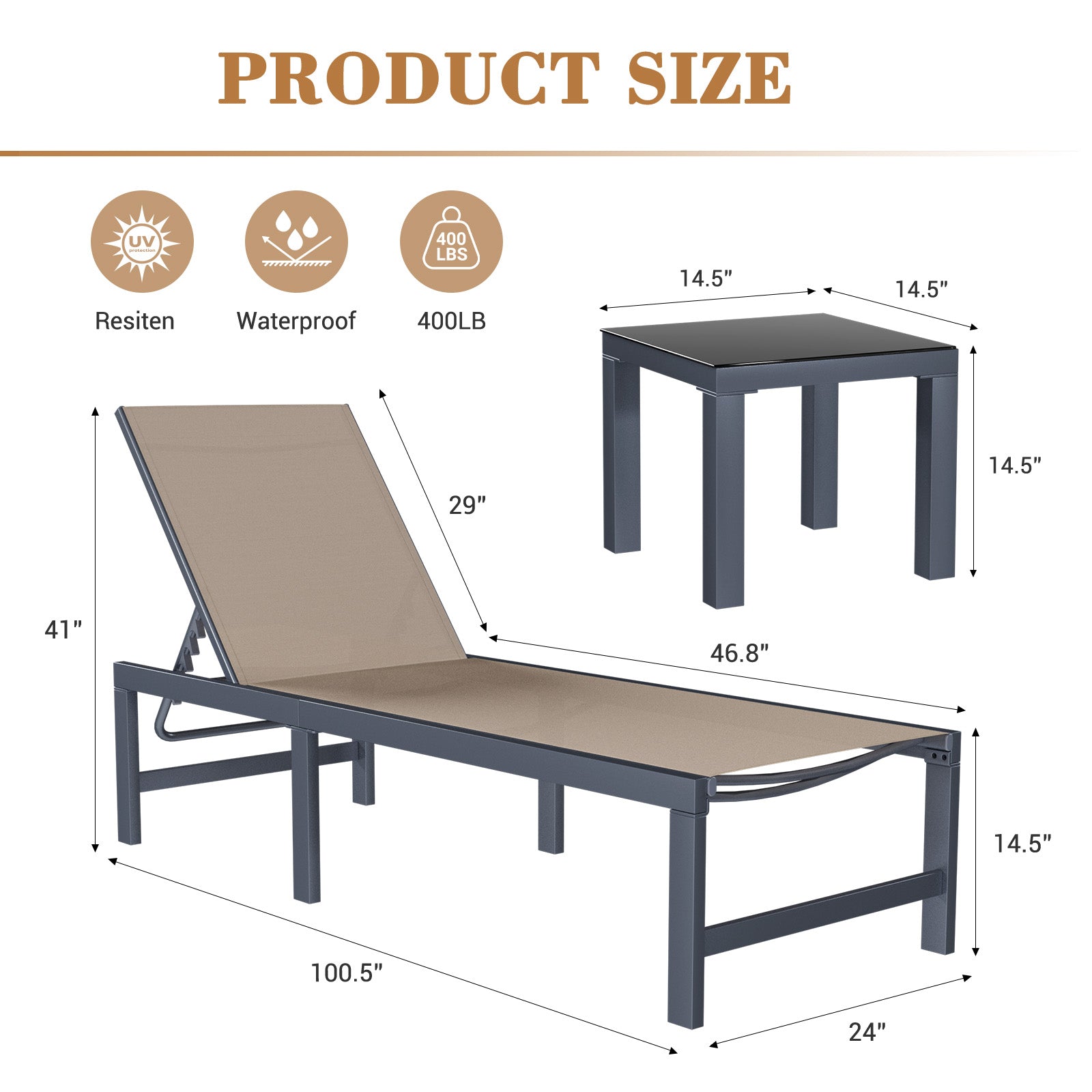 Outdoor Chaise Lounge 3 Pieces Pool Lounge Chair, Adjustable Lounge Poolside Lay Flat Sunbathing Backrest with Table for Patio, Beach, Yard, Pool (Brown)