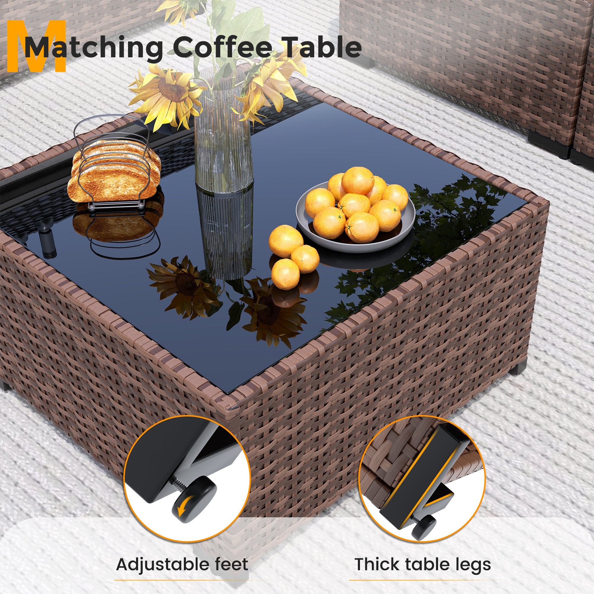 UDPATIO Patio Furniture Set, Outdoor Sectional Sofas with Wicker Coffee Table, Outdoor Patio Conversation Set for Garden, Backyard Dark Grey