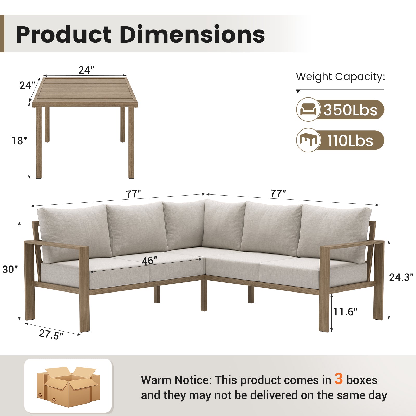 UDPATIO 6 Piece Patio Furniture Set, Faux Wood Metal Outdoor Sectional Sofa with 6" Thick Olefin Cushions, Wide Armrest & Coffee Table, L Shaped Outdoor Furniture for Garden, Backyard