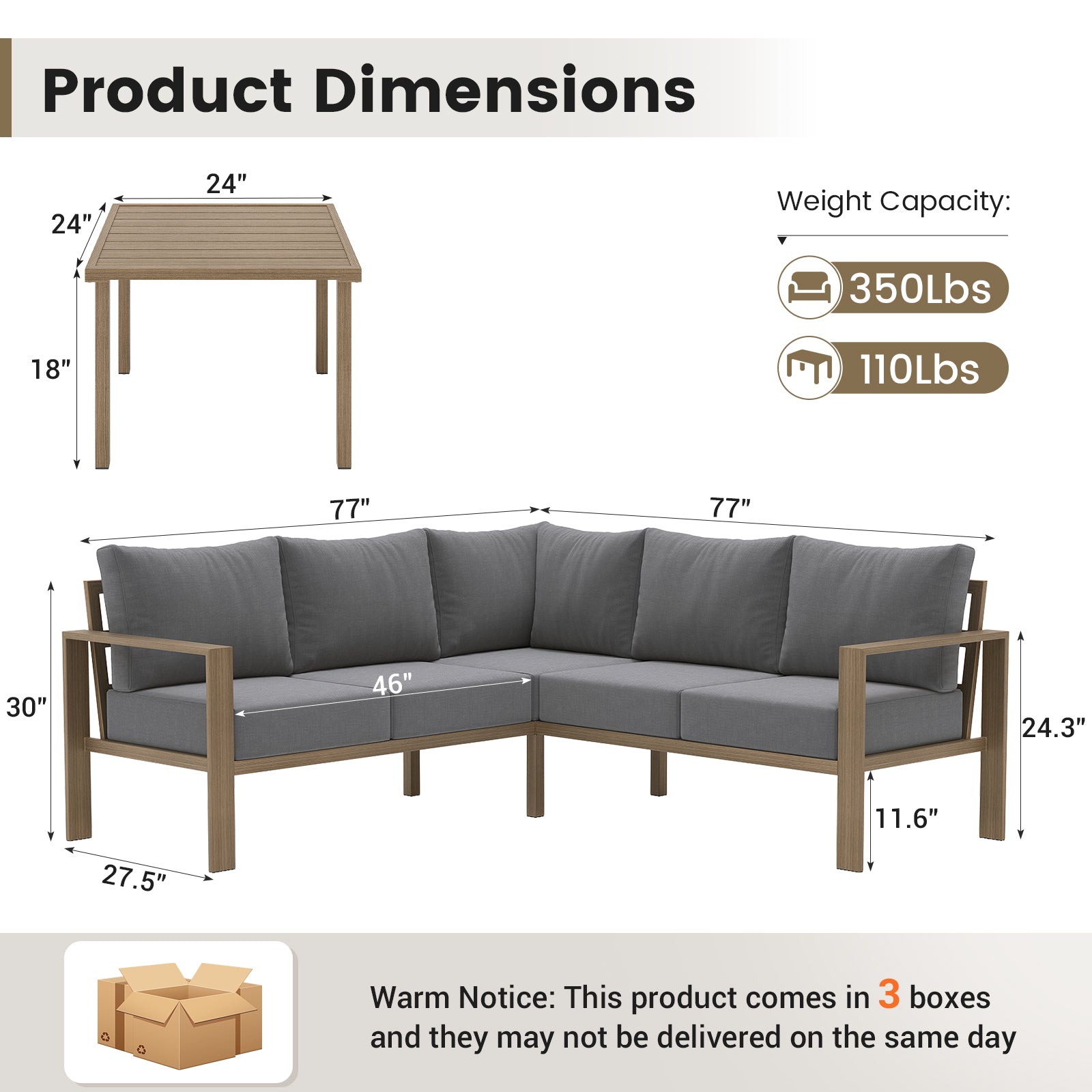 UDPATIO 6 Piece Patio Furniture Set, Faux Wood Metal Outdoor Sectional Sofa with 6" Thick Olefin Cushions, Wide Armrest & Coffee Table, L Shaped Outdoor Furniture for Garden, Backyard
