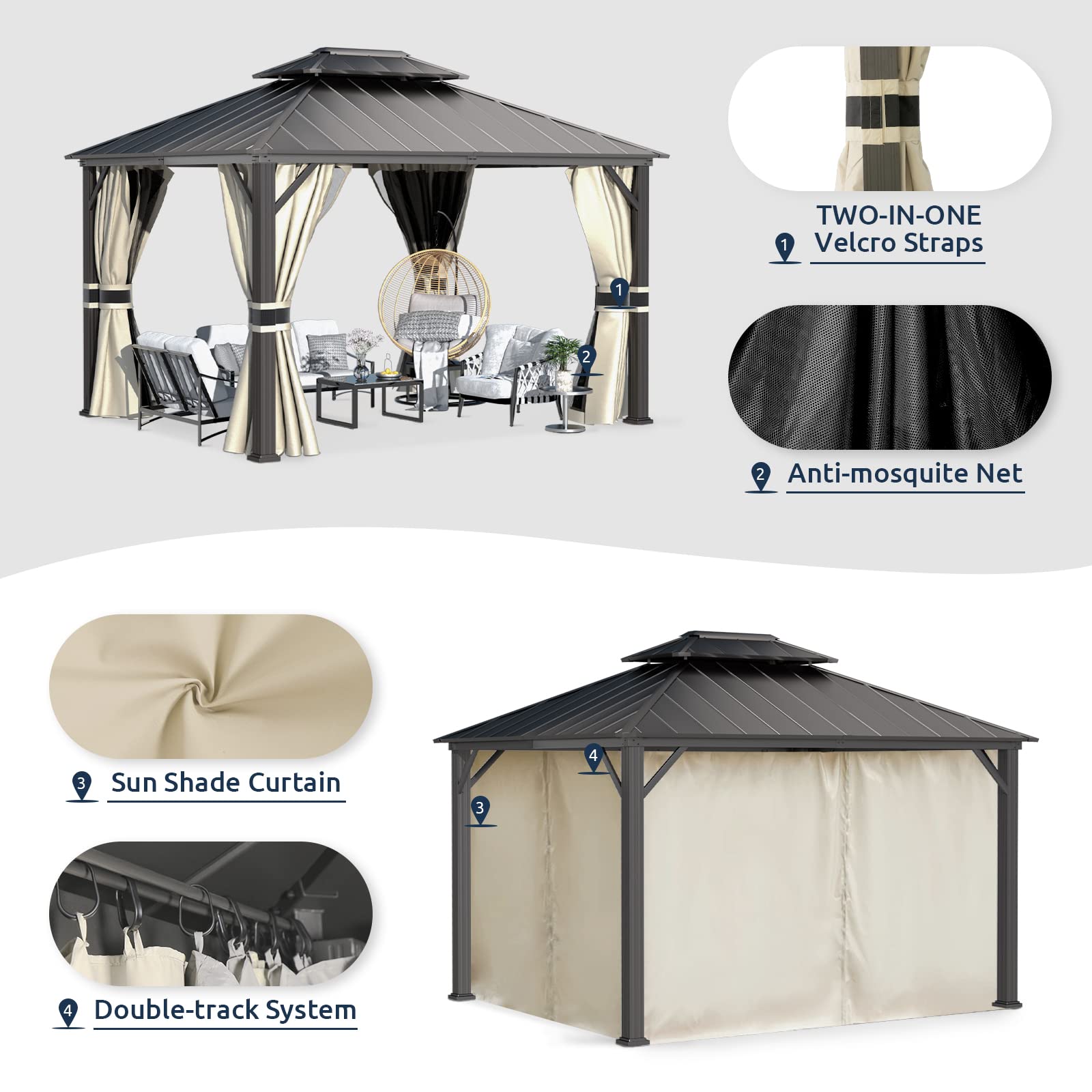 Hardtop Gazebo, Outdoor Aluminum Gazebo with Galvanized Steel Double Roof