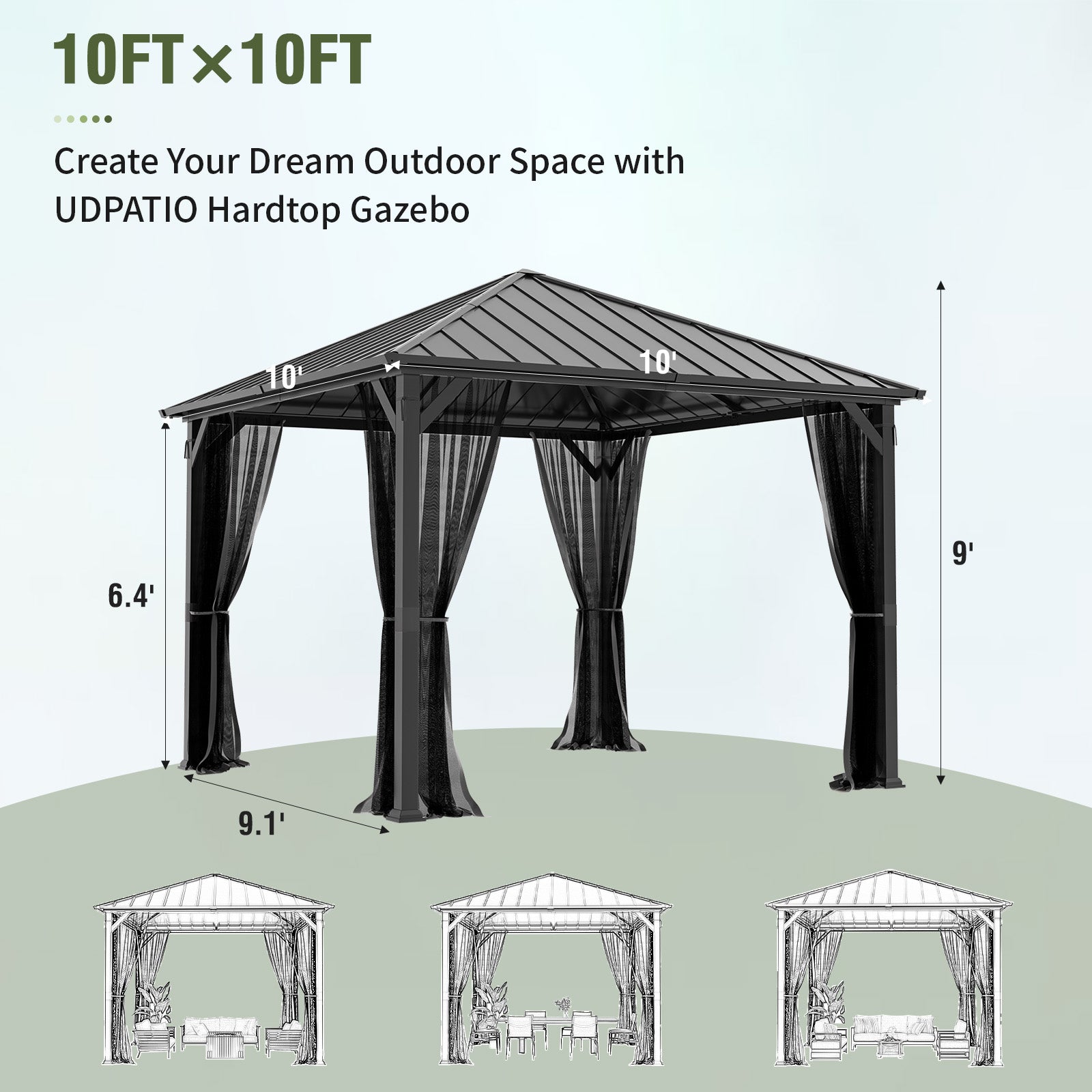 UDPATIO 10' x 10' Hardtop Gazebo, Metal Gazebo with Galvanized Steel Roof, Outdoor Permanent Pavilion with Netting for Patio, Backyard, Deck and Lawns