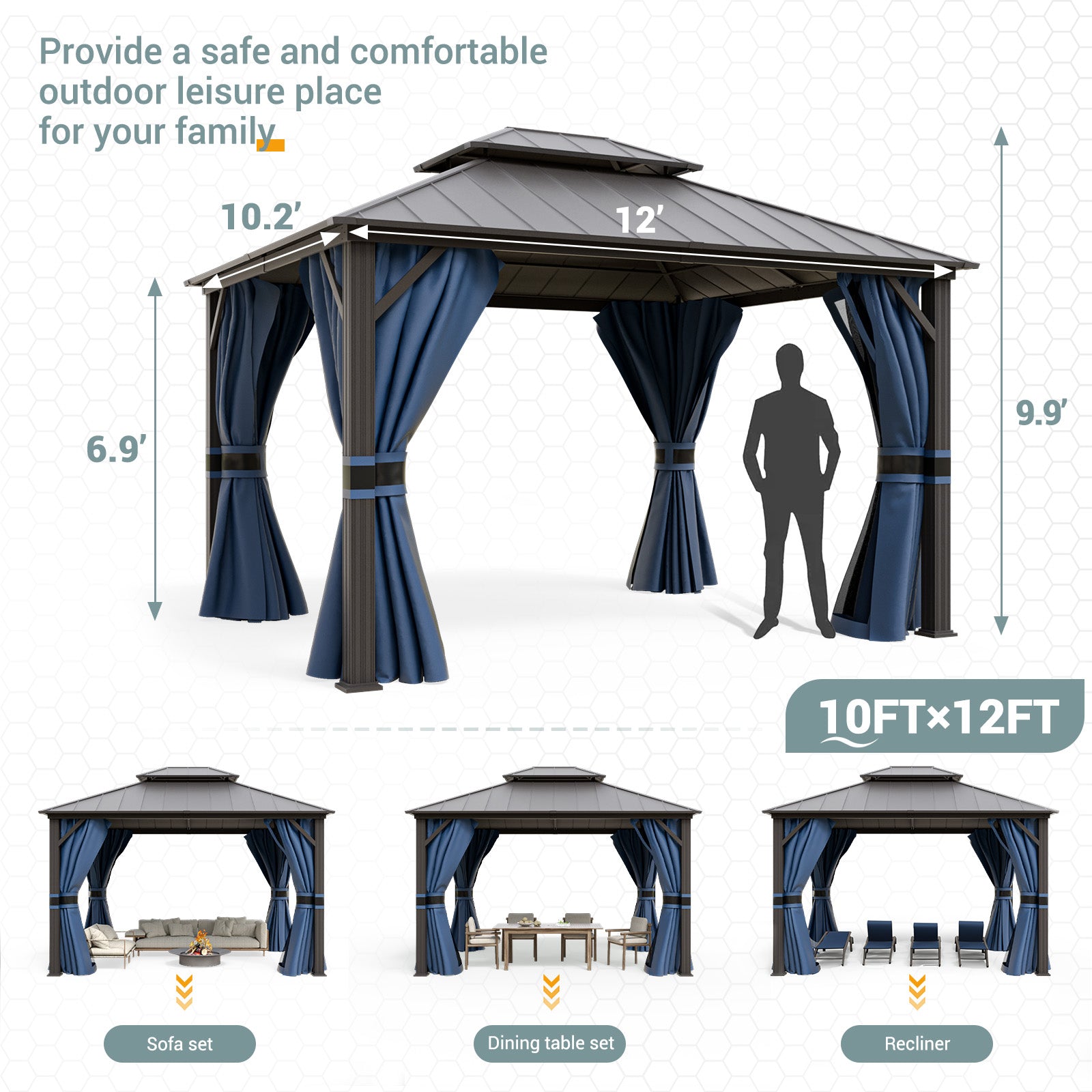 UDPATIO 10' x 12' Hardtop Gazebo, Outdoor Aluminum Gazebo with Galvanized Steel Double Roof, Permanent Metal Canopy with Curtains and Netting for Patio, Garden, Lawn, Backyard, Deck, Navy Blue
