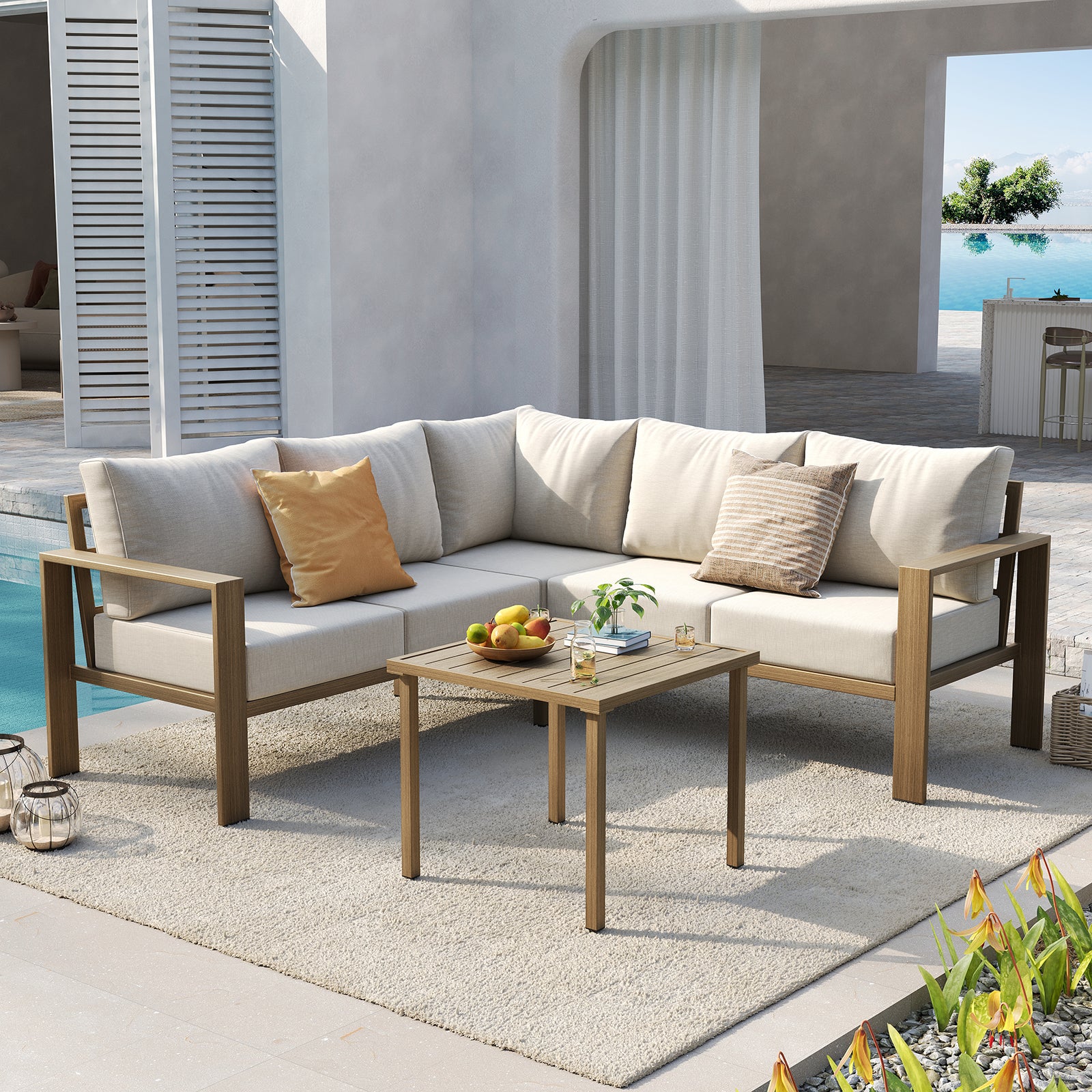 UDPATIO 6 Piece Patio Furniture Set, Faux Wood Metal Outdoor Sectional Sofa with 6" Thick Olefin Cushions, Wide Armrest & Coffee Table, L Shaped Outdoor Furniture for Garden, Backyard