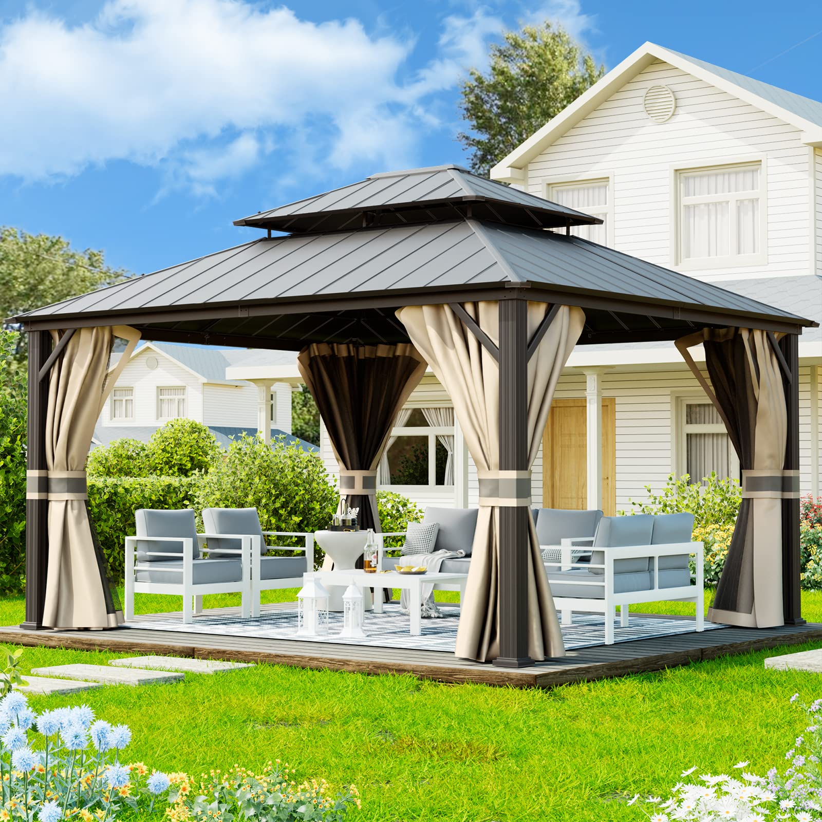 Hardtop Gazebo, Outdoor Aluminum Gazebo with Galvanized Steel Double Roof