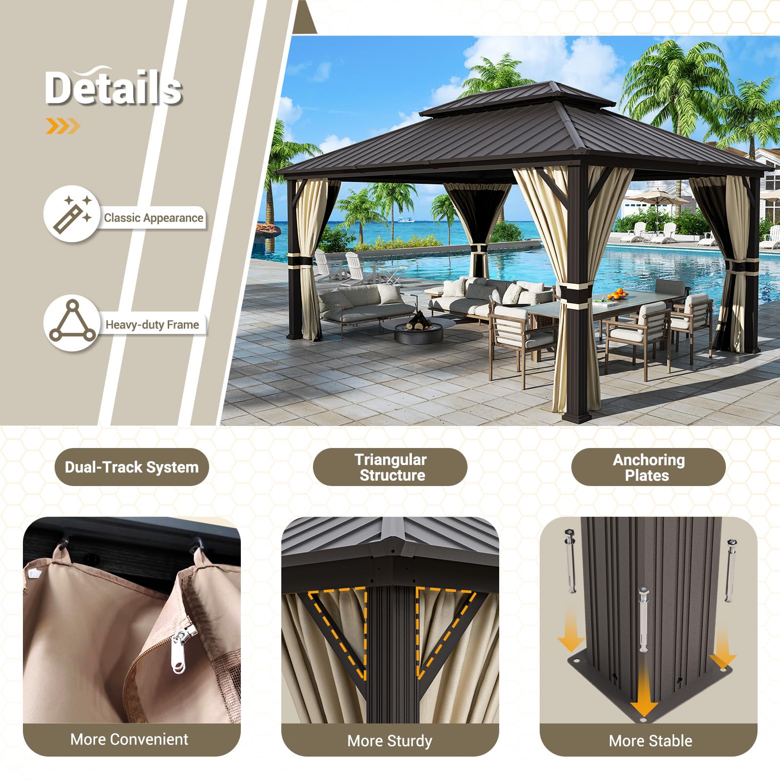 Hardtop Gazebo, Outdoor Aluminum Gazebo with Galvanized Steel Double Roof