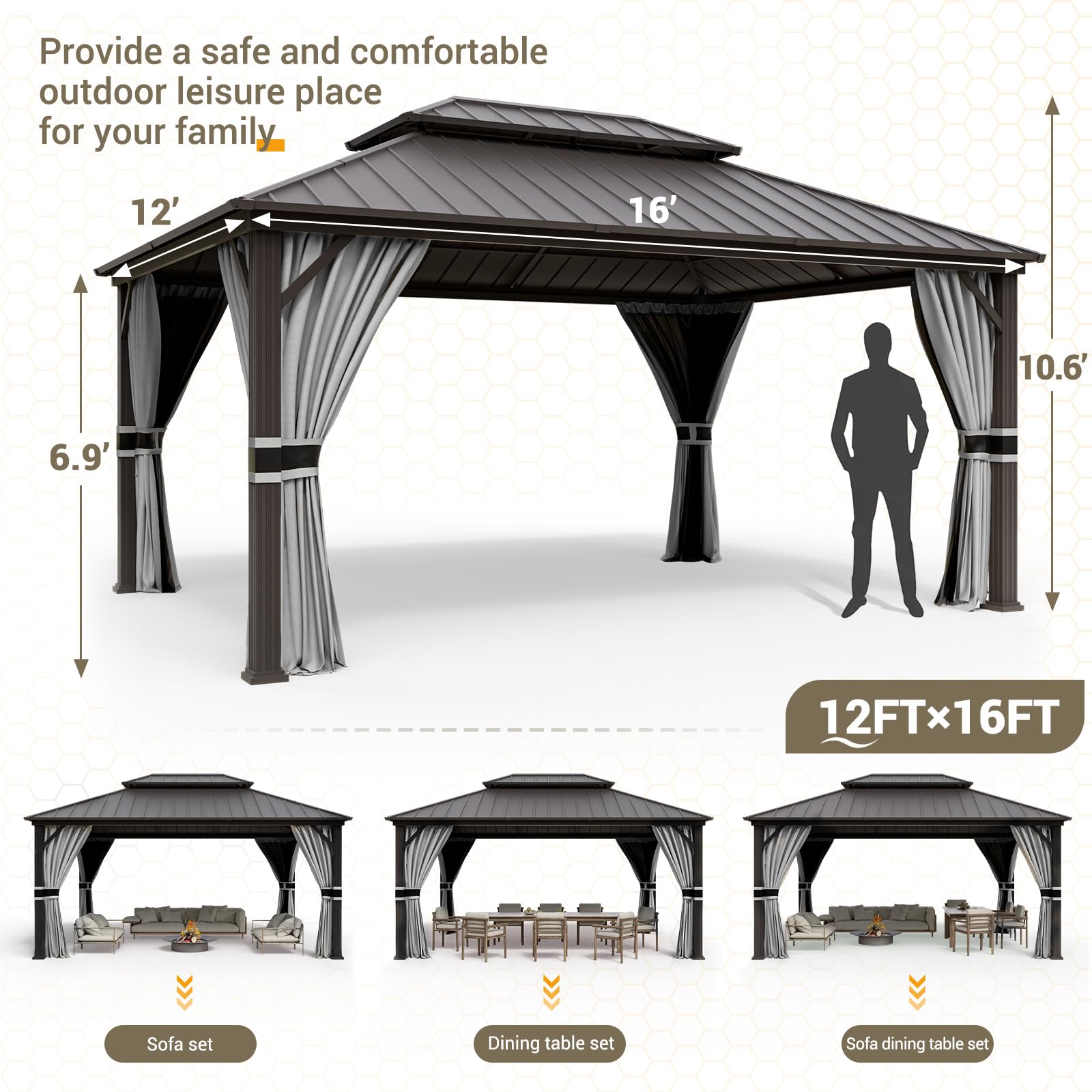 Hardtop Gazebo, Outdoor Aluminum Gazebo with Galvanized Steel Double Roof