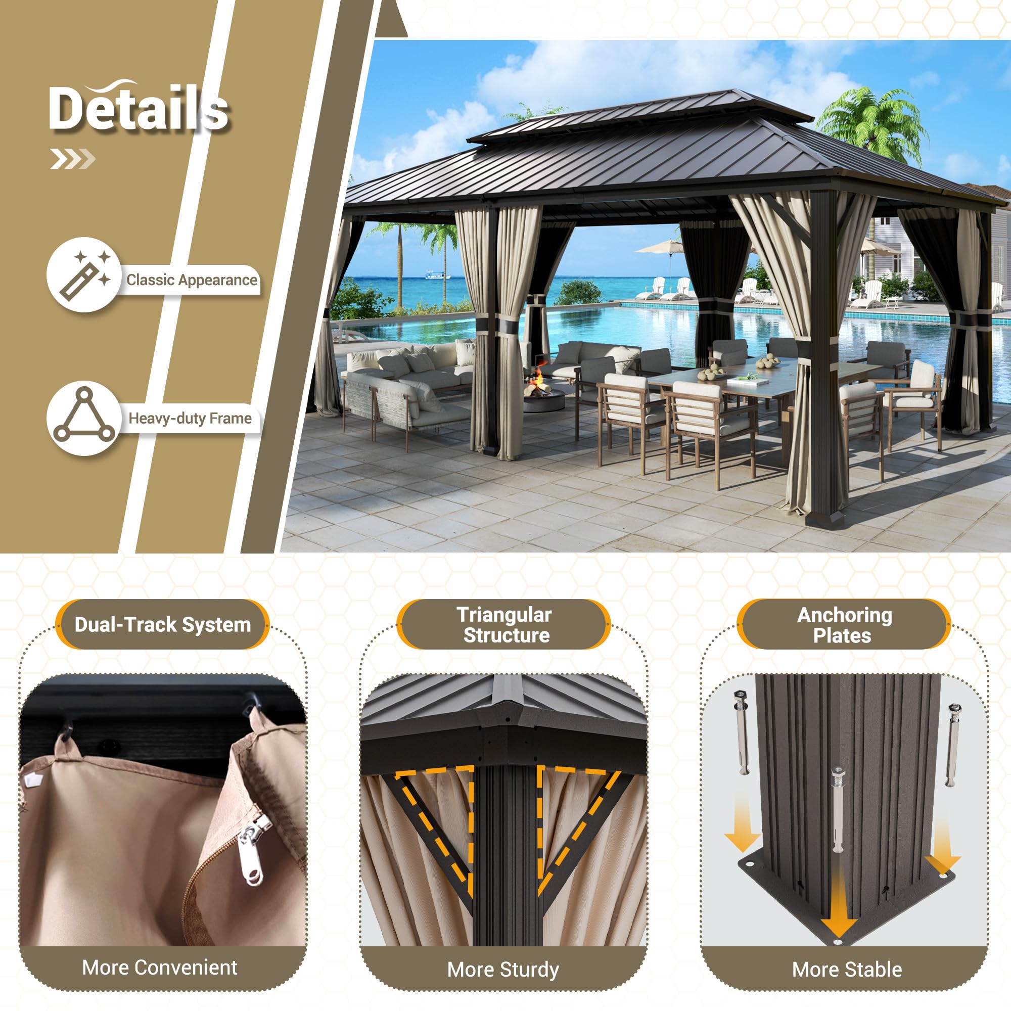 Hardtop Gazebo, Outdoor Aluminum Gazebo with Galvanized Steel Double Roof