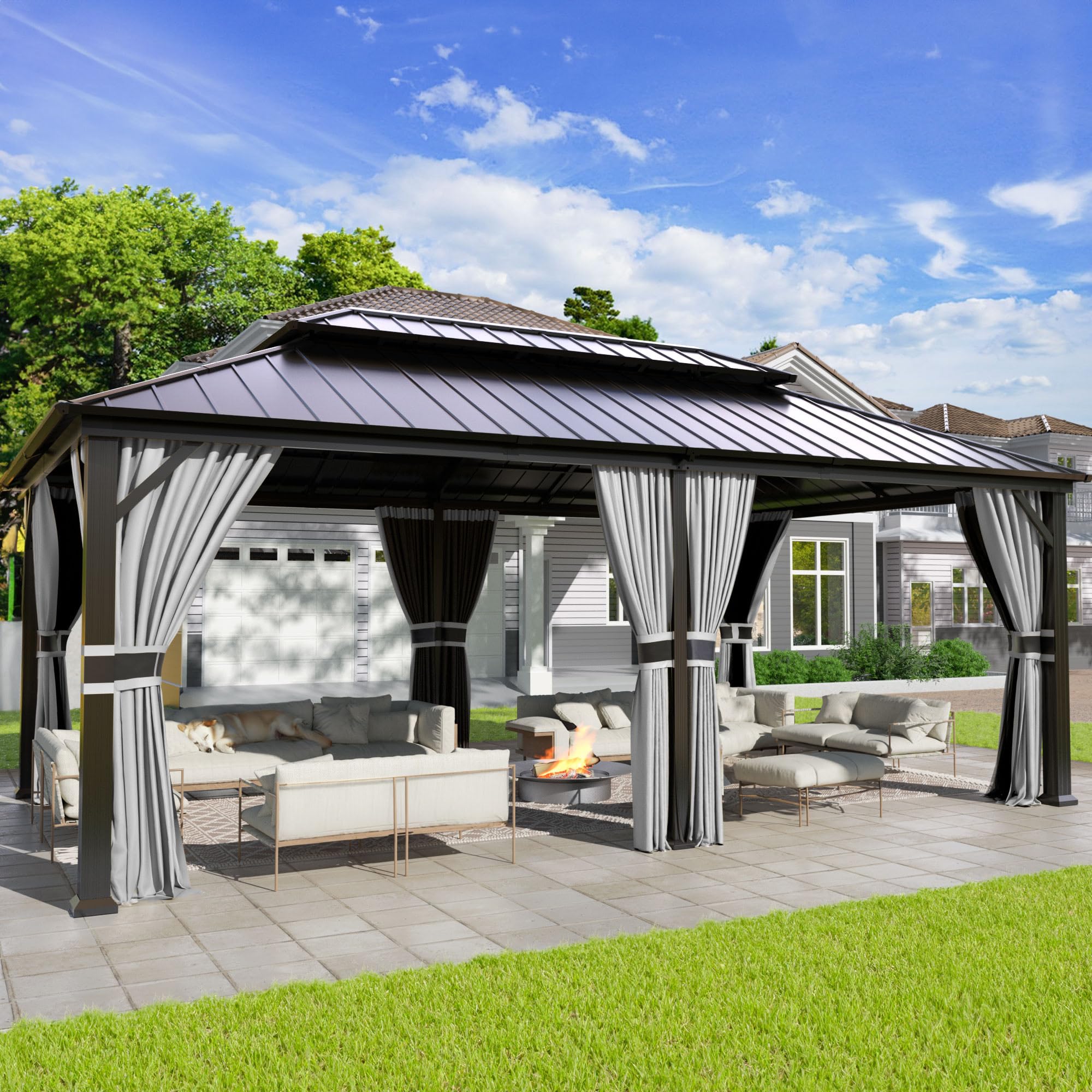 Hardtop Gazebo, Outdoor Aluminum Gazebo with Galvanized Steel Double Roof