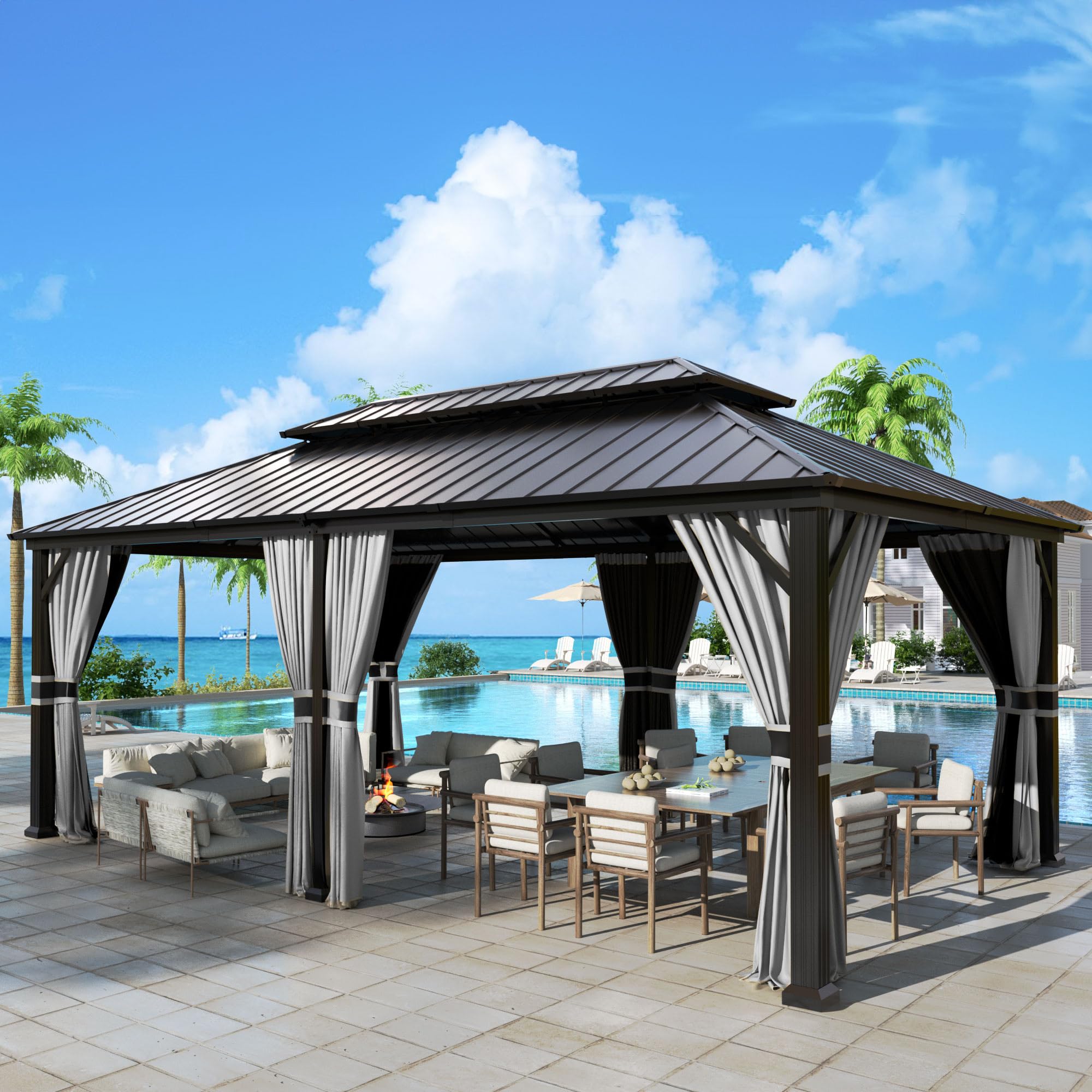 Hardtop Gazebo, Outdoor Aluminum Gazebo with Galvanized Steel Double Roof