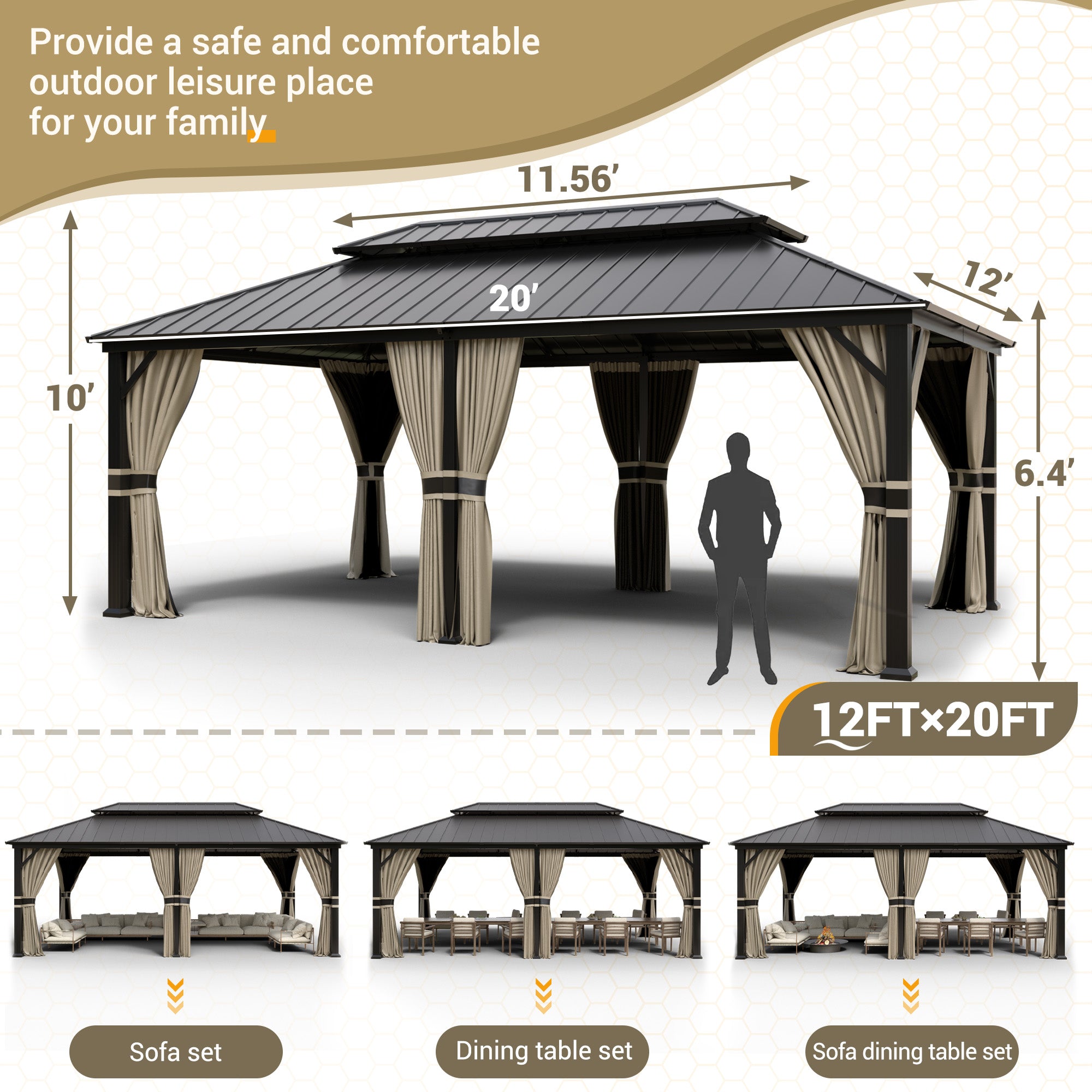 UDPATIO 12'x20' Hardtop Gazebo, Aluminum Frame Canopy with Double Galvanized Steel Roof, Outdoor Metal Gazebo with Curtains and Netting, for Backyard, Patio and Deck, Beige