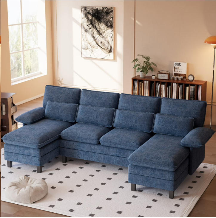 FIONA'S MAGIC Modern U-Shaped Sectional Sofa with Double Chaise & Movable Ottomans, 4-Seat Chenille Fabric Couch for Living Room, Blue