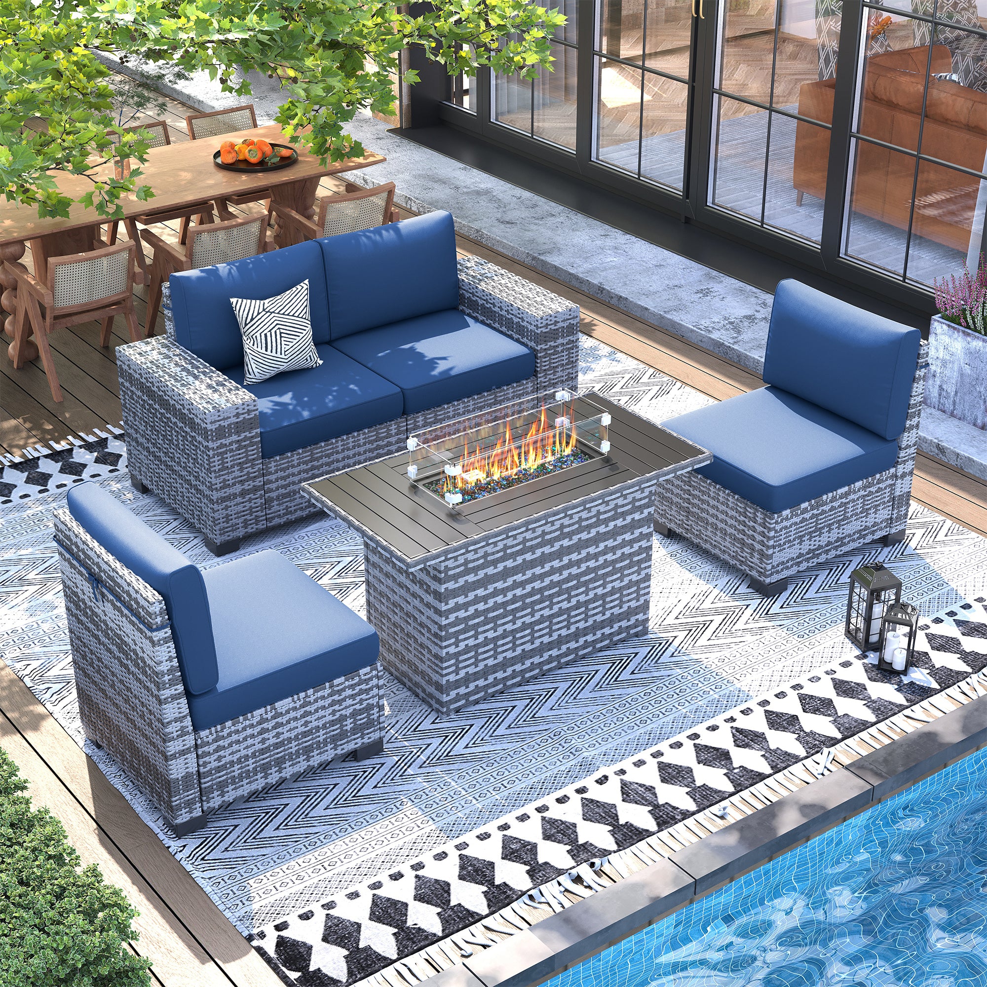 UDPATIO 5 Piece Patio Furniture Set with Fire Pit Table, 8''Wide Armrest Modular Rattan Outdoor Sectional  Sofa Set,Wicker Patio Conversation Sets for Backyard,Deck w/ 4'' Cushions