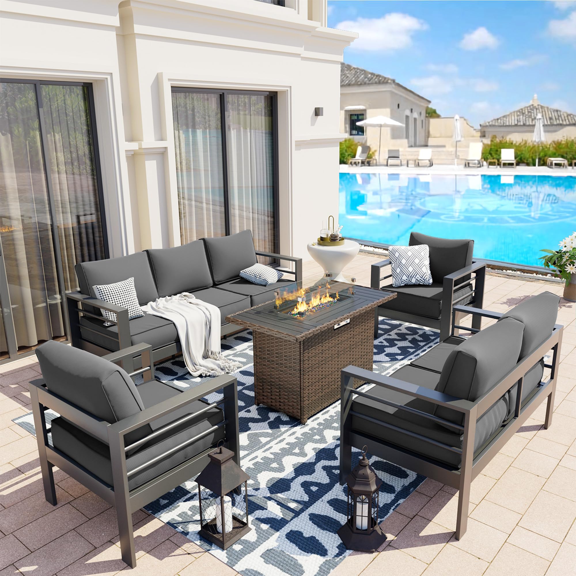 UDPATIO Aluminum Patio Furniture Set with Fire Pit Table, 7Seats Aluminum Outdoor Furniture Set with Water-Proof Cover Included,Cushions
