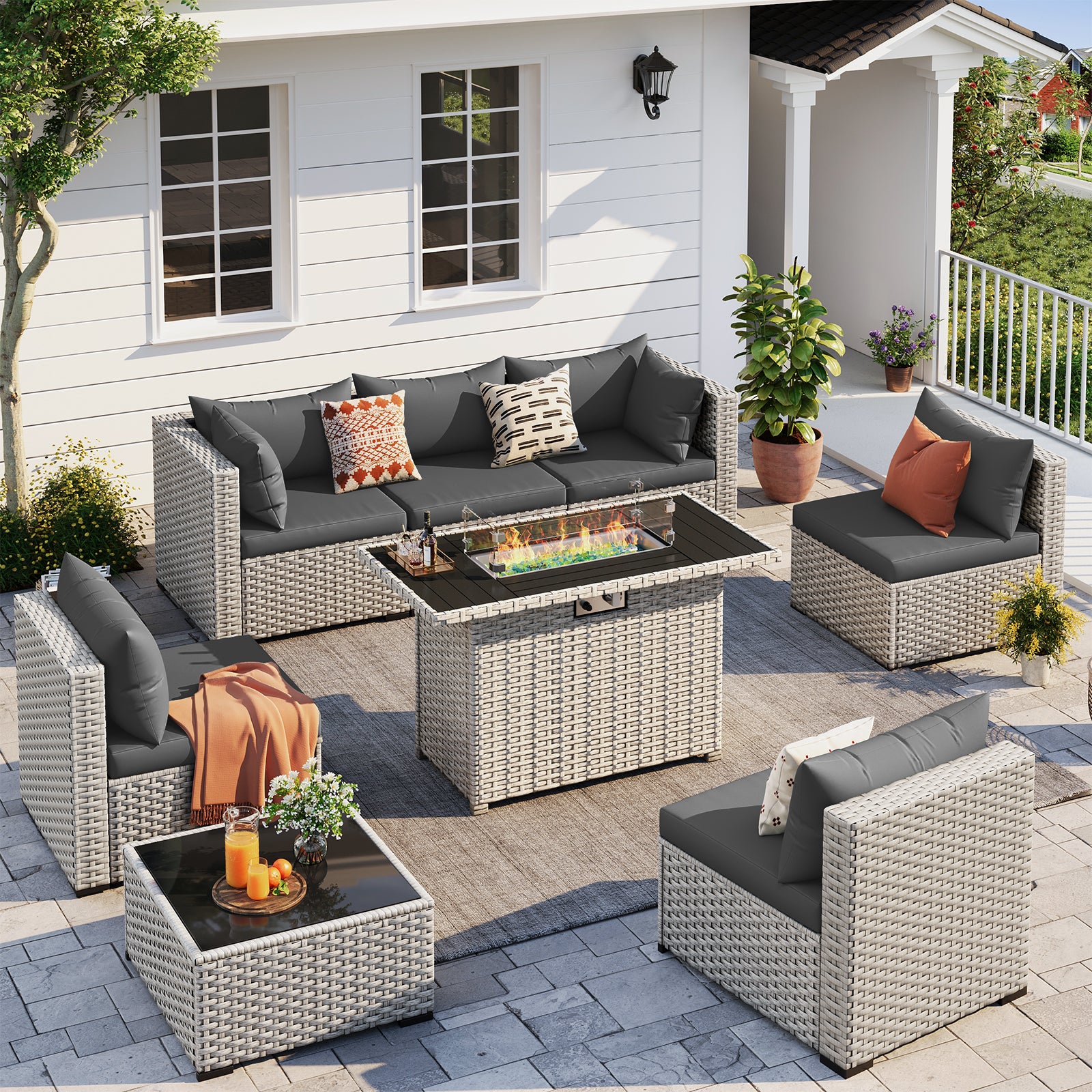 UDPATIO Patio Furniture Set with Fire Pit Table, 8 Pieces Outdoor Sectional Sofa, PE Wicker Patio Conversation Set for Garden, Backyard Green