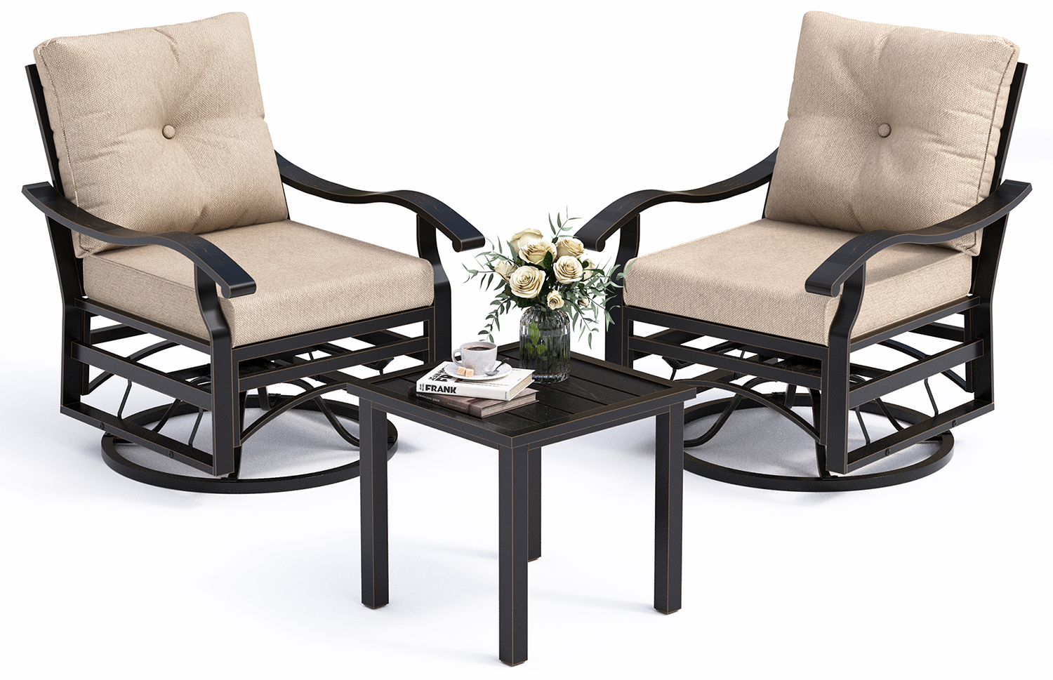 UDPATIO Outdoor Swivel Rocker Chairs, 3 Piece Metal Patio Rocking Chairs with Blue Padded Cushions Patio Bistro Furniture Set with Side Table for Porch Balcony Backyard