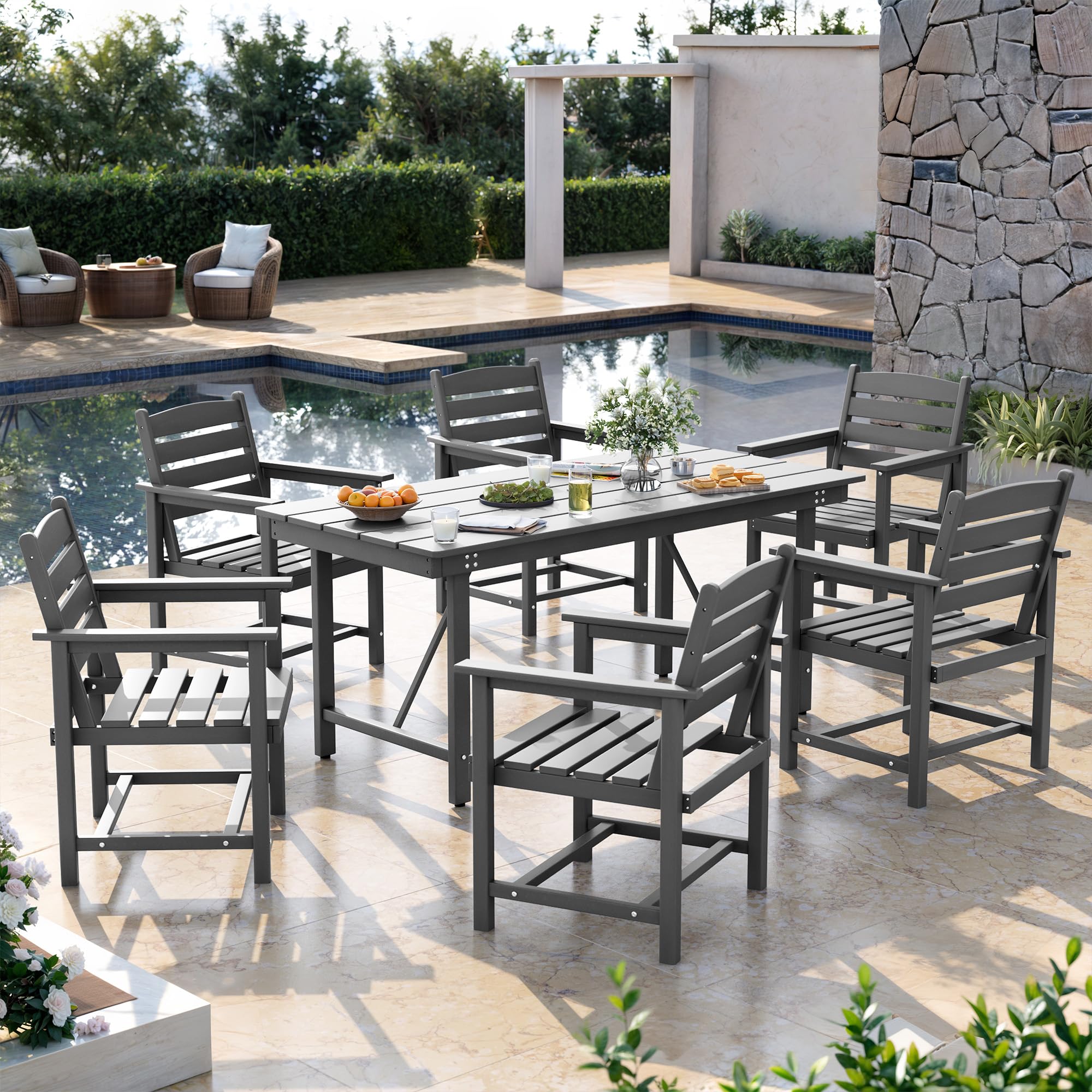 UDPATIO Outdoor HDPE Dining Table Set, 7-Piece with Umbrella Hole Cut-Out Table and 6 Chairs, Gray