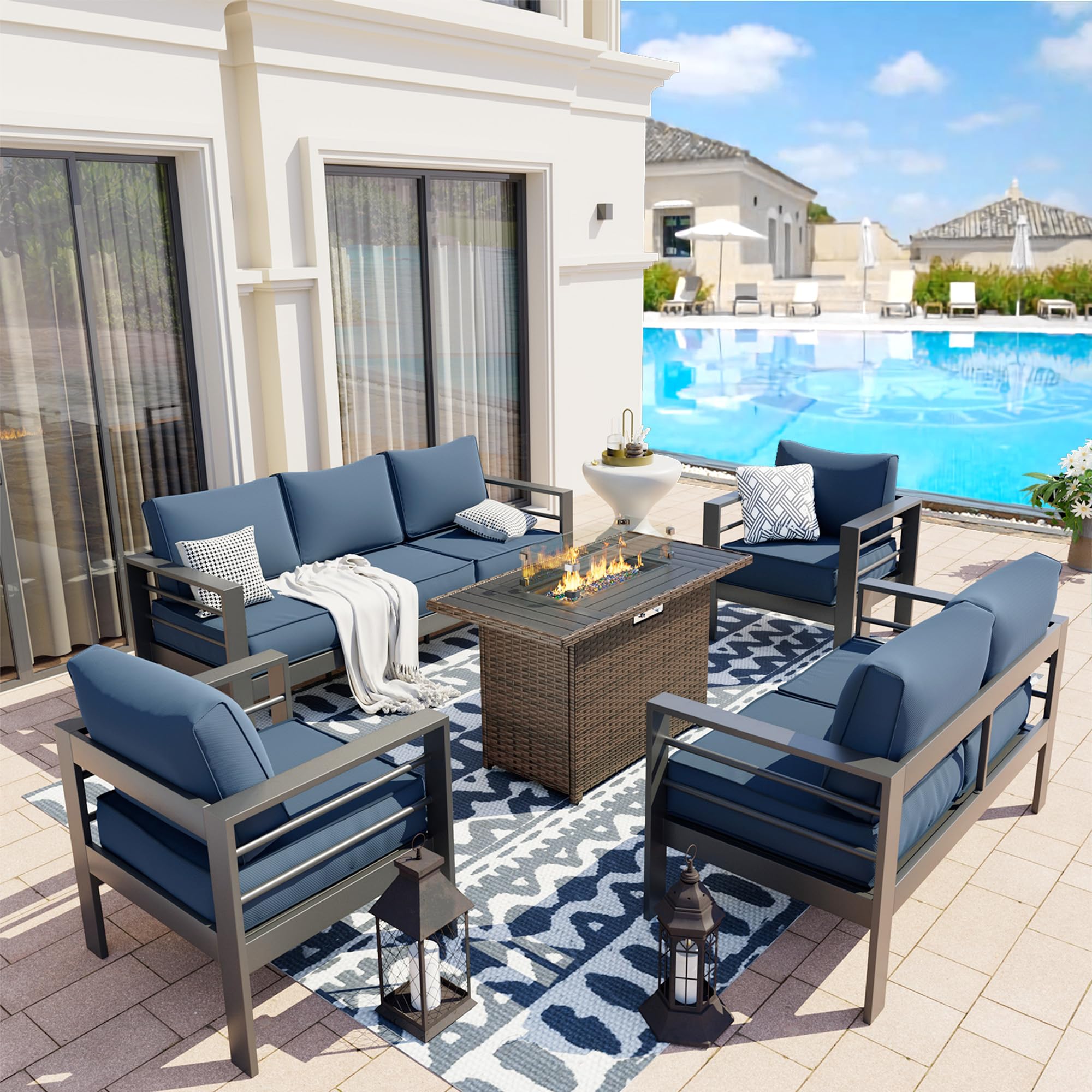 UDPATIO Aluminum Patio Furniture Set with Fire Pit Table, 7Seats Aluminum Outdoor Furniture Set with Water-Proof Cover Included,Cushions