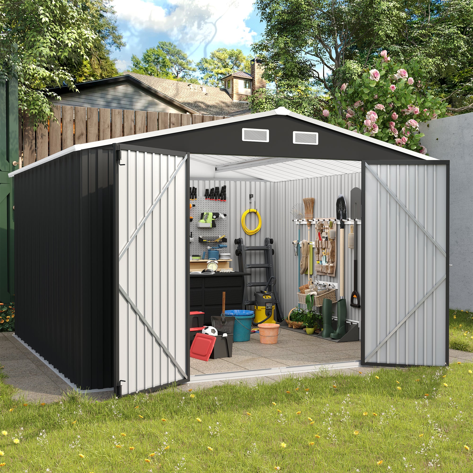 UDPATIO Outdoor Storage Shed 10x10 FT, Outside Sheds & Outdoor Storage Metal Galvanized Steel Yard, Lawn, with Lockable Door for Can, Bike, Lawnmower,Dark Grey