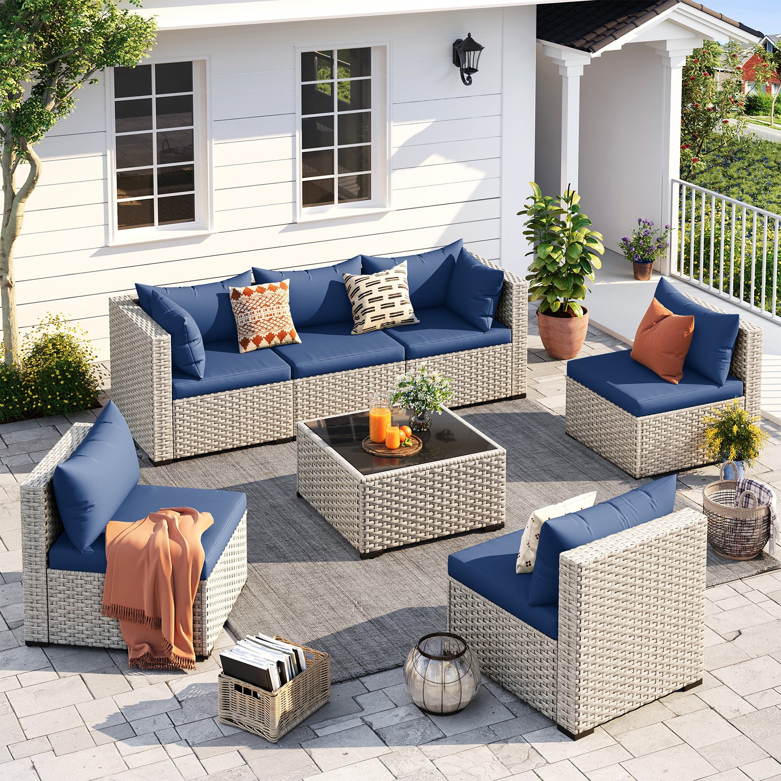 UDPATIO Outdoor Patio Furniture Set, 7-Piece PE Wicker Sectional Sofa with Tea Table, Outdoor Conversation Set for Patio, Garden, Backyard