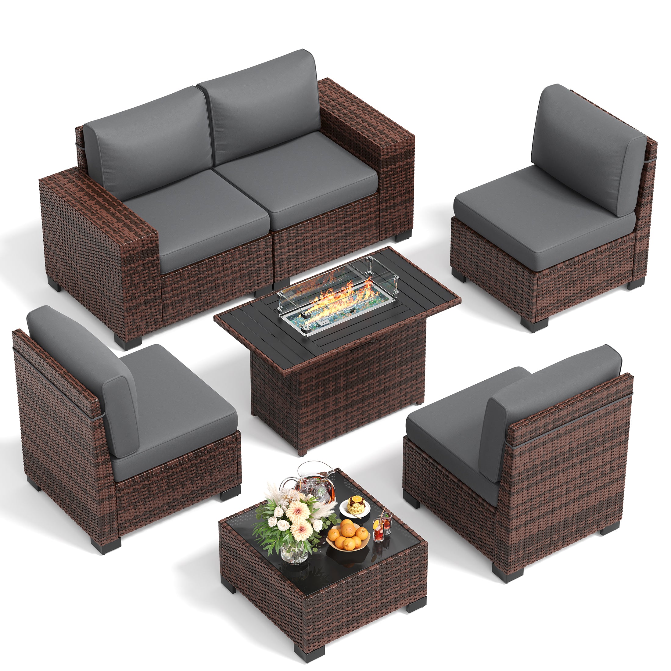 UDPATIO Patio Furniture Set with Fire Pit Table, Outdoor Patio Sofa Set With Wide Armrest, All-Weather Wicker Rattan Guest Set With Cushion And Glass Table And Waterproof Cover, Brown&Dark Gray