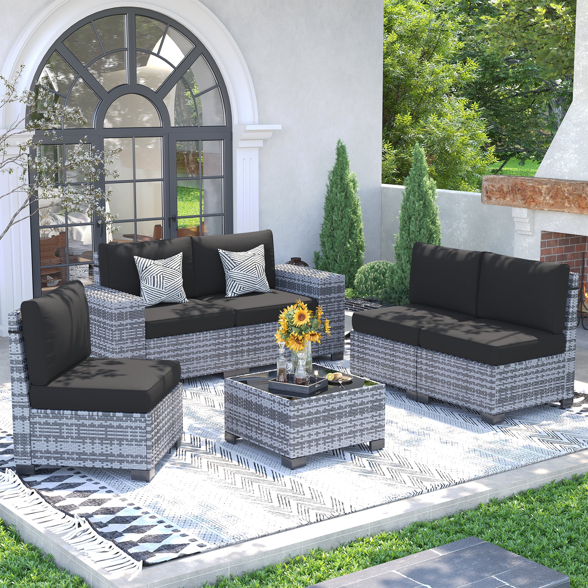 UDPATIO Patio Furniture Set, 8'' Wide Armrest Modular Rattan Outdoor Sectional  Sofa Set, 6 Pieces Wicker Patio Conversation Sets for Backyard,Deck w/ 4'' Cushions,Cover,Coffee Table