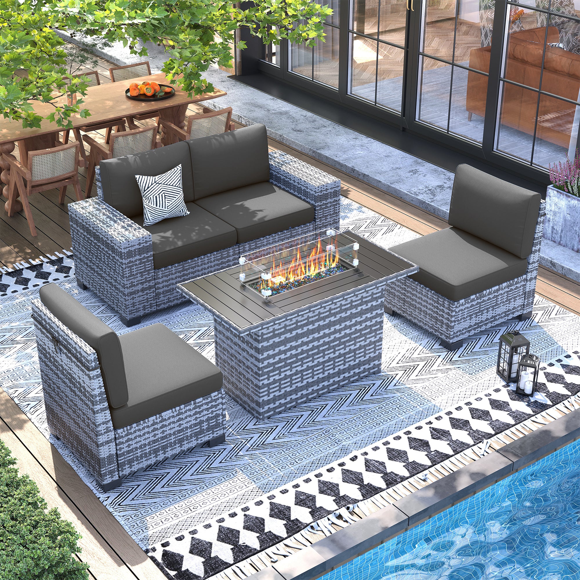 UDPATIO 5 Piece Patio Furniture Set with Fire Pit Table, 8''Wide Armrest Modular Rattan Outdoor Sectional  Sofa Set,Wicker Patio Conversation Sets for Backyard,Deck w/ 4'' Cushions