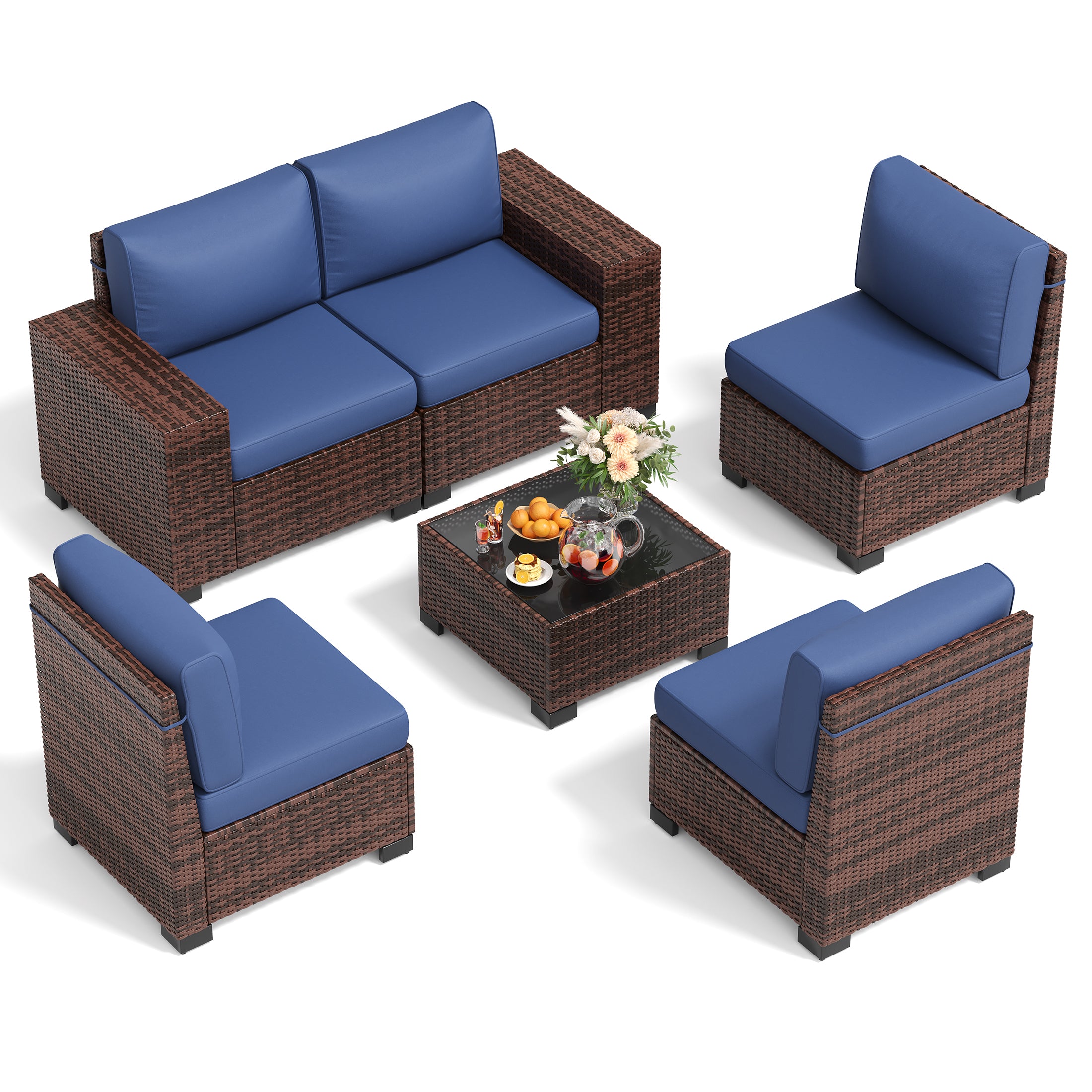 UDPATIO 6-Piece Patio Furniture Set, Outdoor Patio Sofa Set With Wide Armrest, All-Weather Wicker Rattan Guest Set With Cushion And Glass Table And Waterproof Cover, Brown & Navy Blue