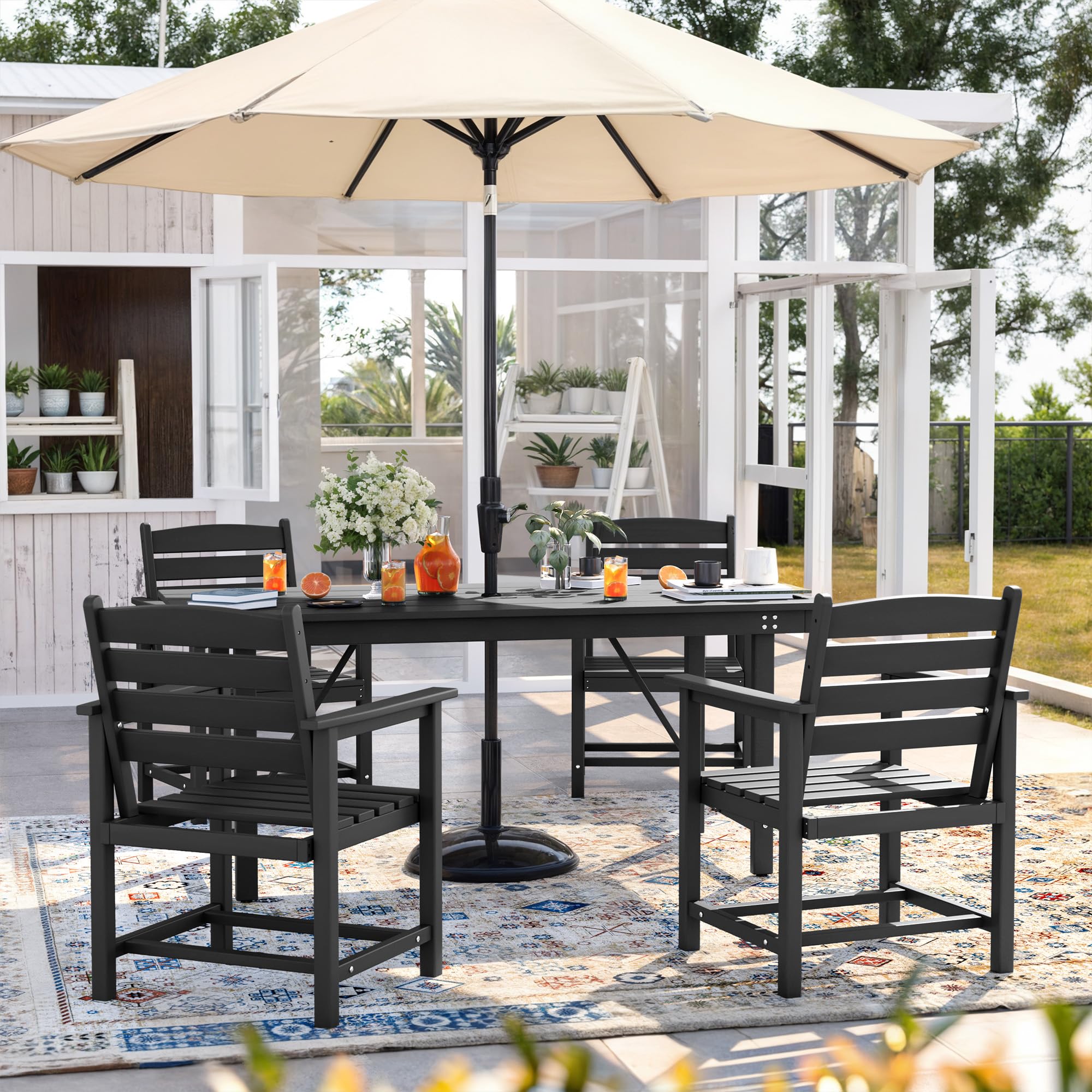 UDPATIO 5 Piece Patio Dining Table Sets, Outdoor HDPE Dining Furniture Set with Umbrella Hole Cut-Out Table and 4 Chairs, All Weather Dining Set for Lawn, Garden, Backyard, Poolside, Black