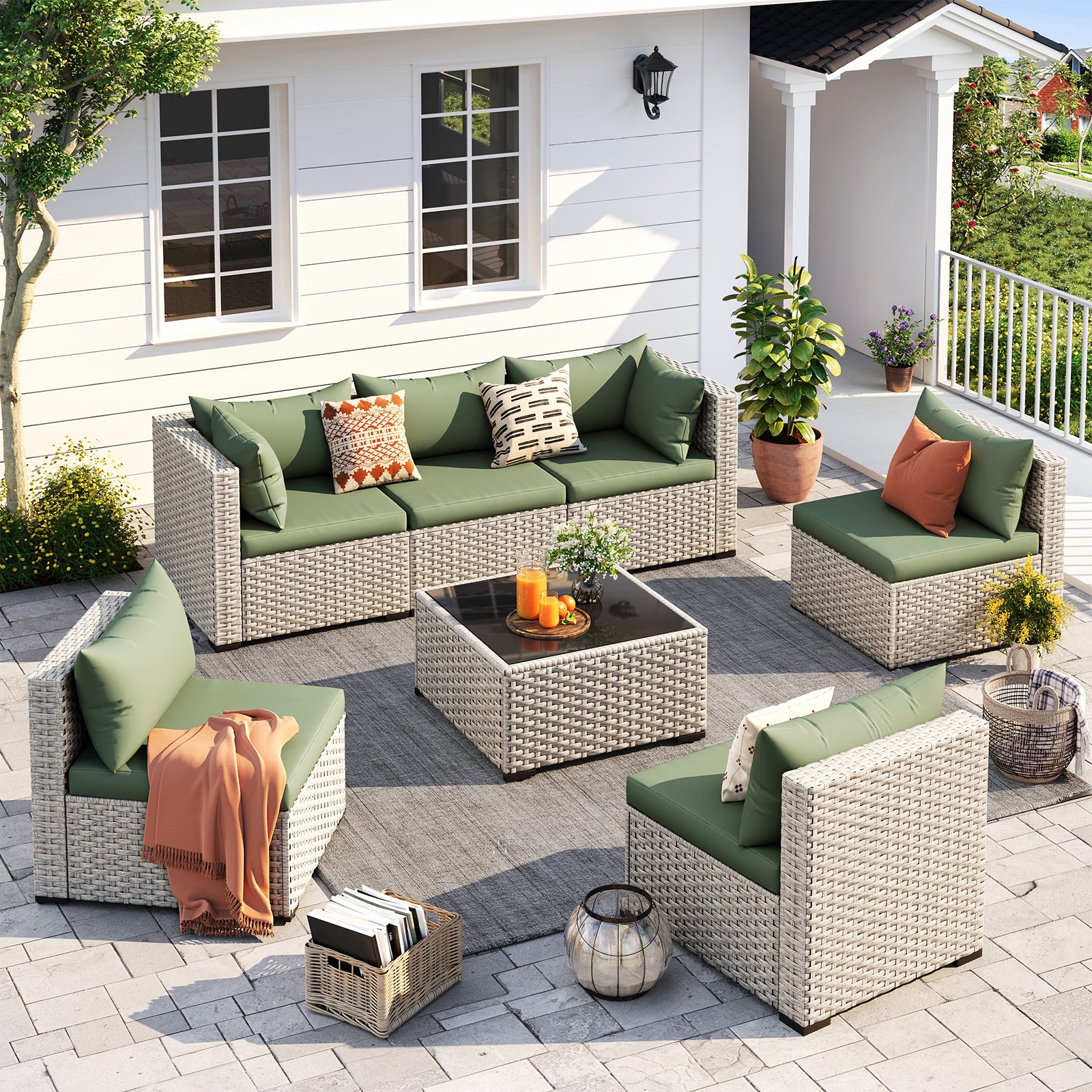 UDPATIO Outdoor Patio Furniture Set, 7-Piece PE Wicker Sectional Sofa with Tea Table, Outdoor Conversation Set for Patio, Garden, Backyard