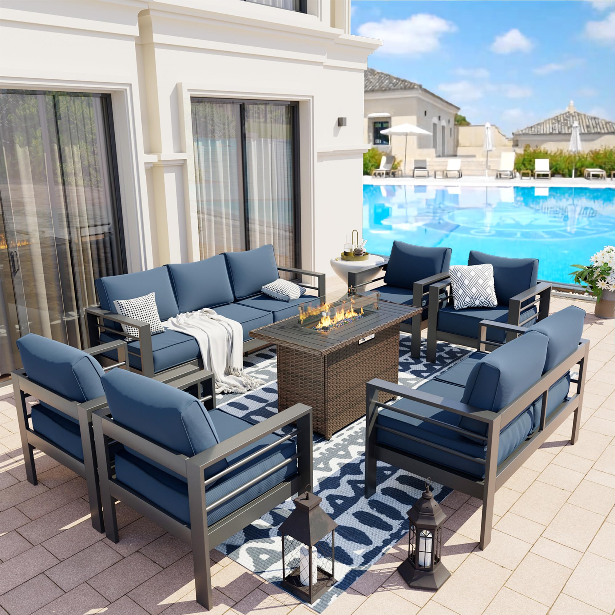UDPATIO Aluminum Patio Furniture Set with Fire Pit Table, 9 Seats Mordern Outdoor Furniture Set with Water-Proof Cover Included, Dark Grey Frame/Dark Navy Cushions
