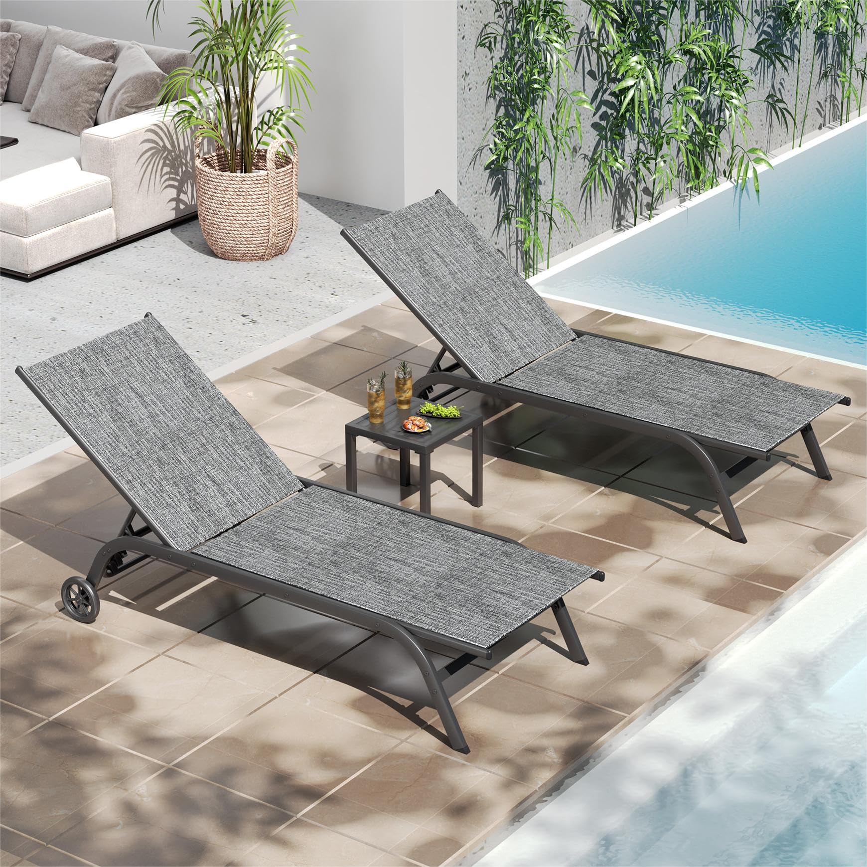 Chaise Lounge Outdoor Set of 3, Aluminum Lounge Chair, 5 Adjustable Position Backrest Pool Lounger with Wheels and Side Table for Patio Pool Patio (Grey)