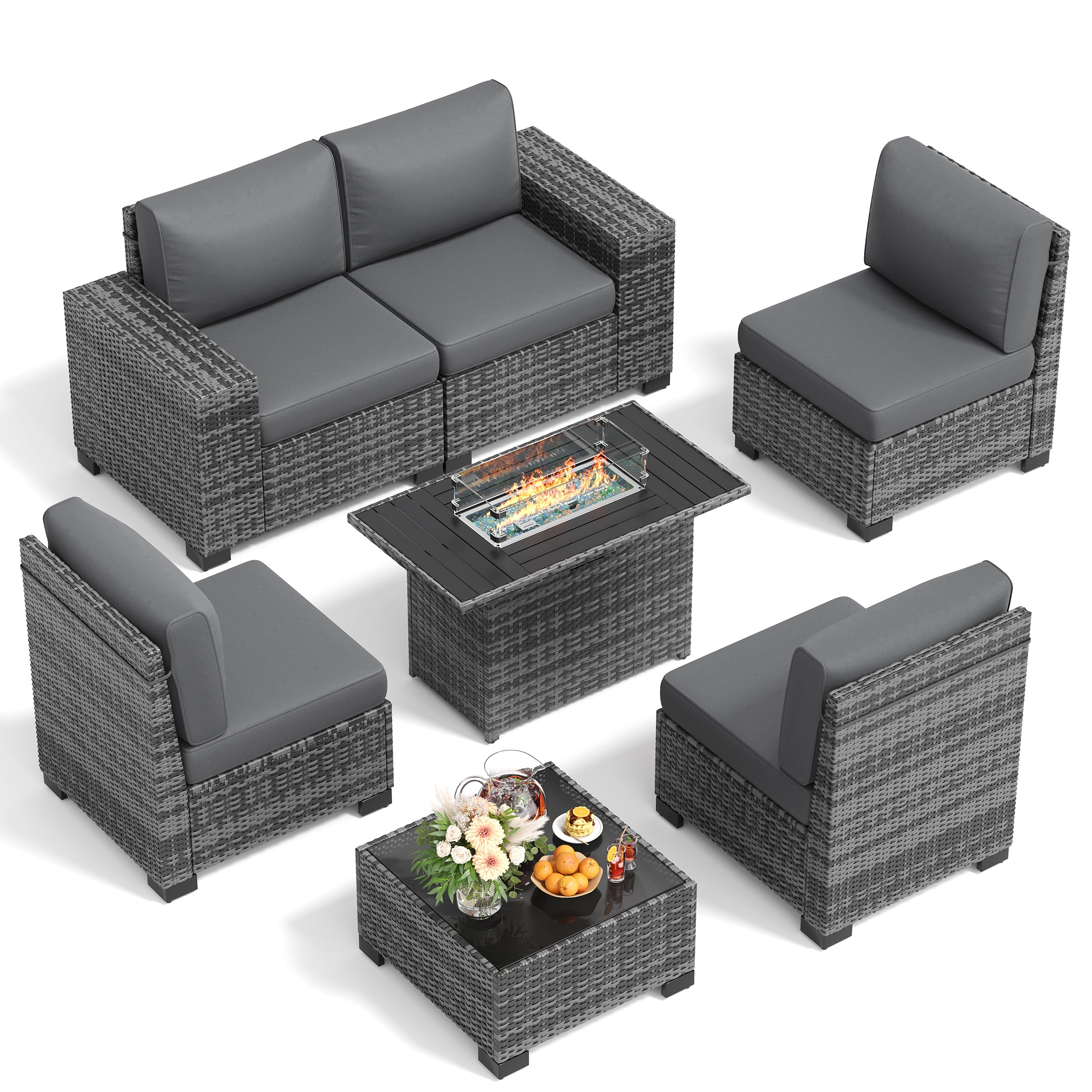 UDPATIO Patio Furniture Set with Fire Pit Table, Outdoor Patio Sofa Set With Wide Armrest, All-Weather Wicker Rattan Guest Set With Cushion And Glass Table And Waterproof Cover, Gray&Gray