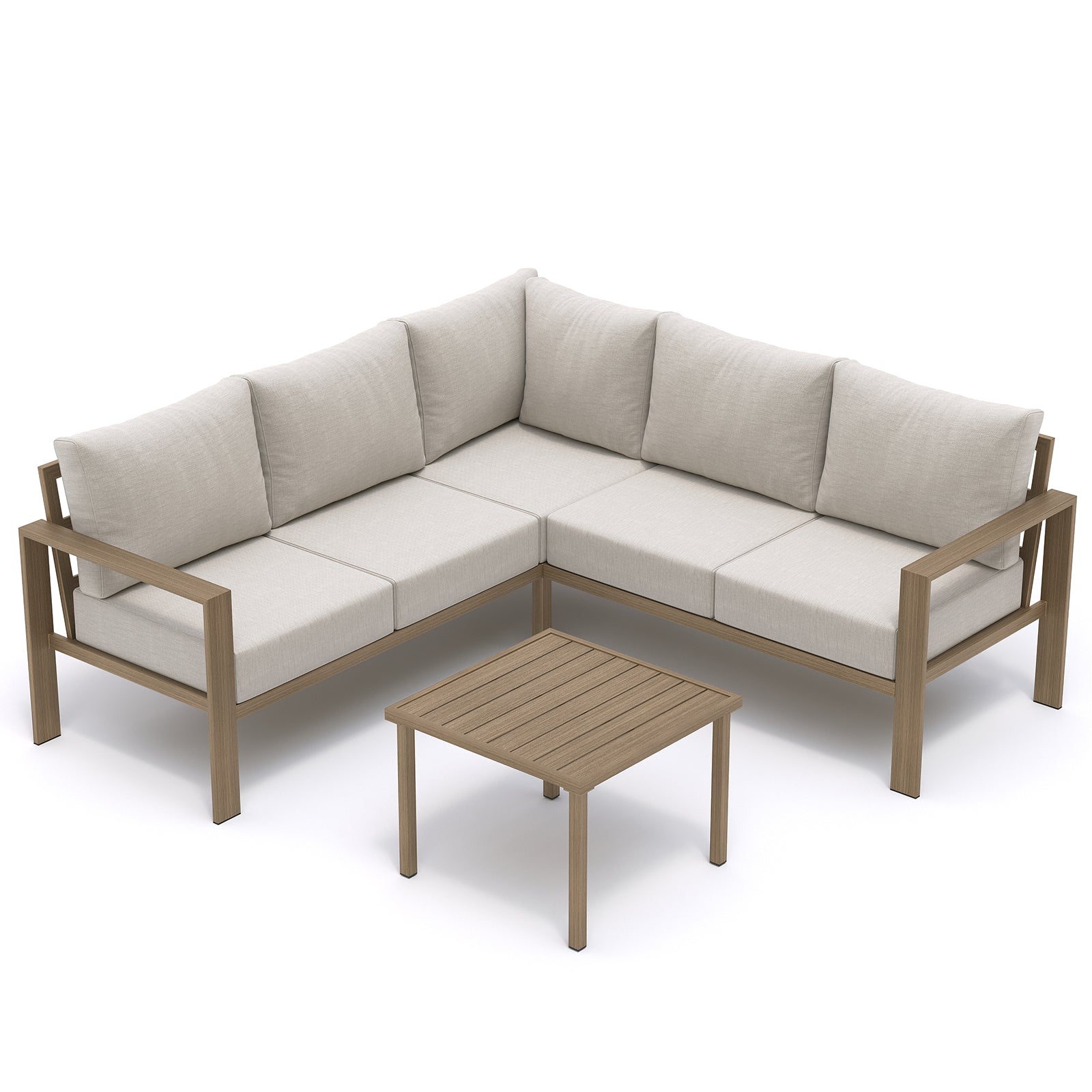 UDPATIO 6 Piece Patio Furniture Set, Faux Wood Metal Outdoor Sectional Sofa with 6" Thick Olefin Cushions, Wide Armrest & Coffee Table, L Shaped Outdoor Furniture for Garden, Backyard