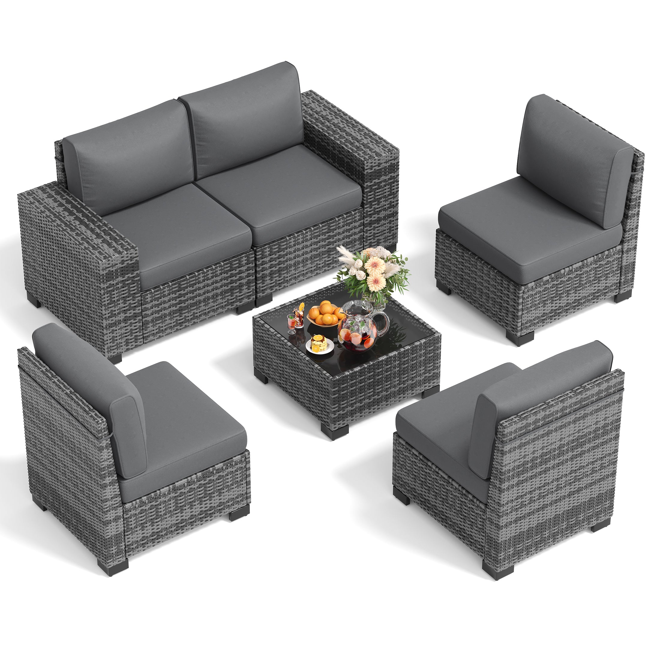 UDPATIO 6-Piece Patio Furniture Set, Outdoor Patio Sofa Set With Wide Armrest, All-Weather Wicker Rattan Guest Set With Cushion And Glass Table And Waterproof Cover, Grey & Dark Grey