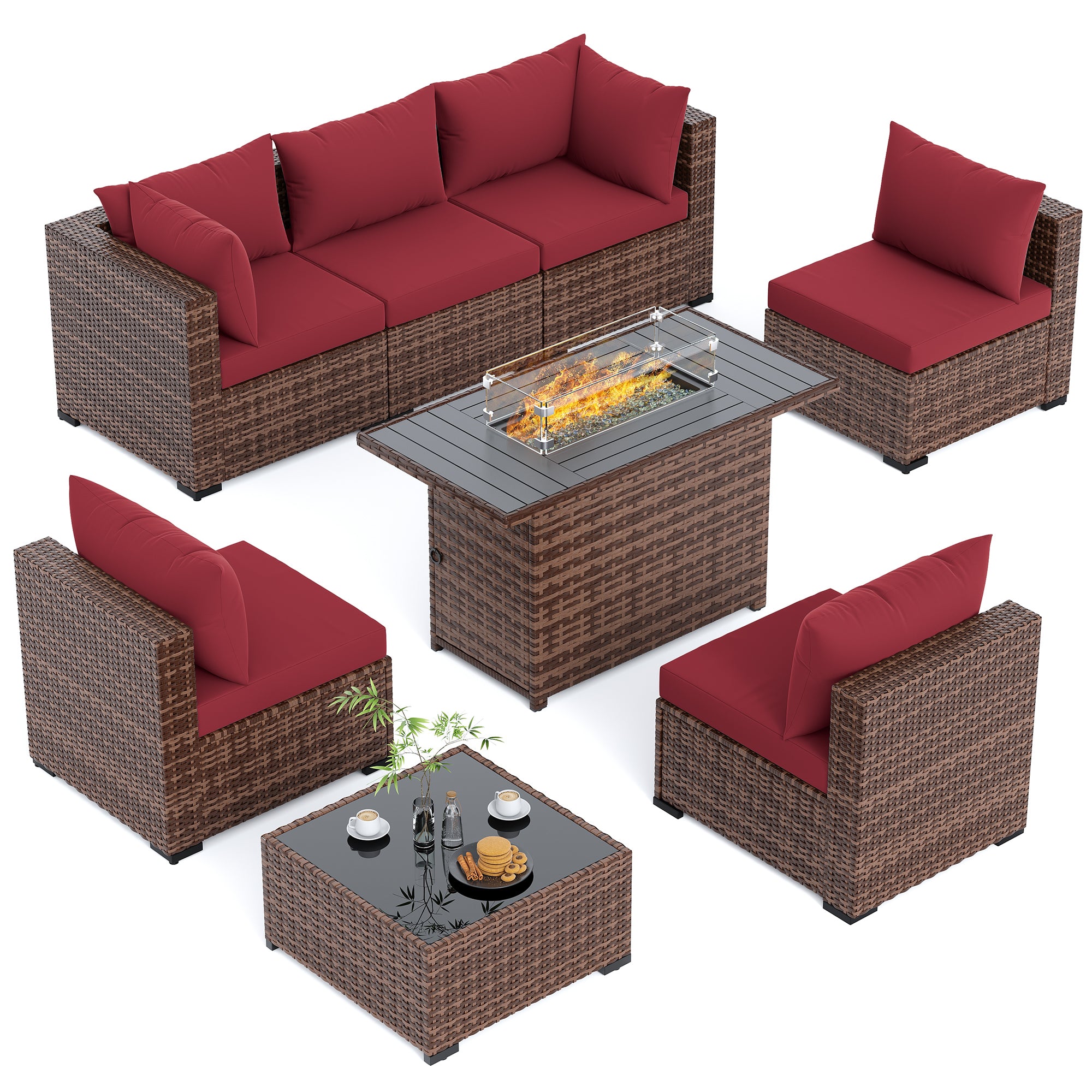 UDPATIO Outdoor Patio Furniture Set with Fire Pit Table, 8 Piece Outdoor Sectional Sofas, All-Weather Wicker Patio Conversation Set for Garden, Backyard